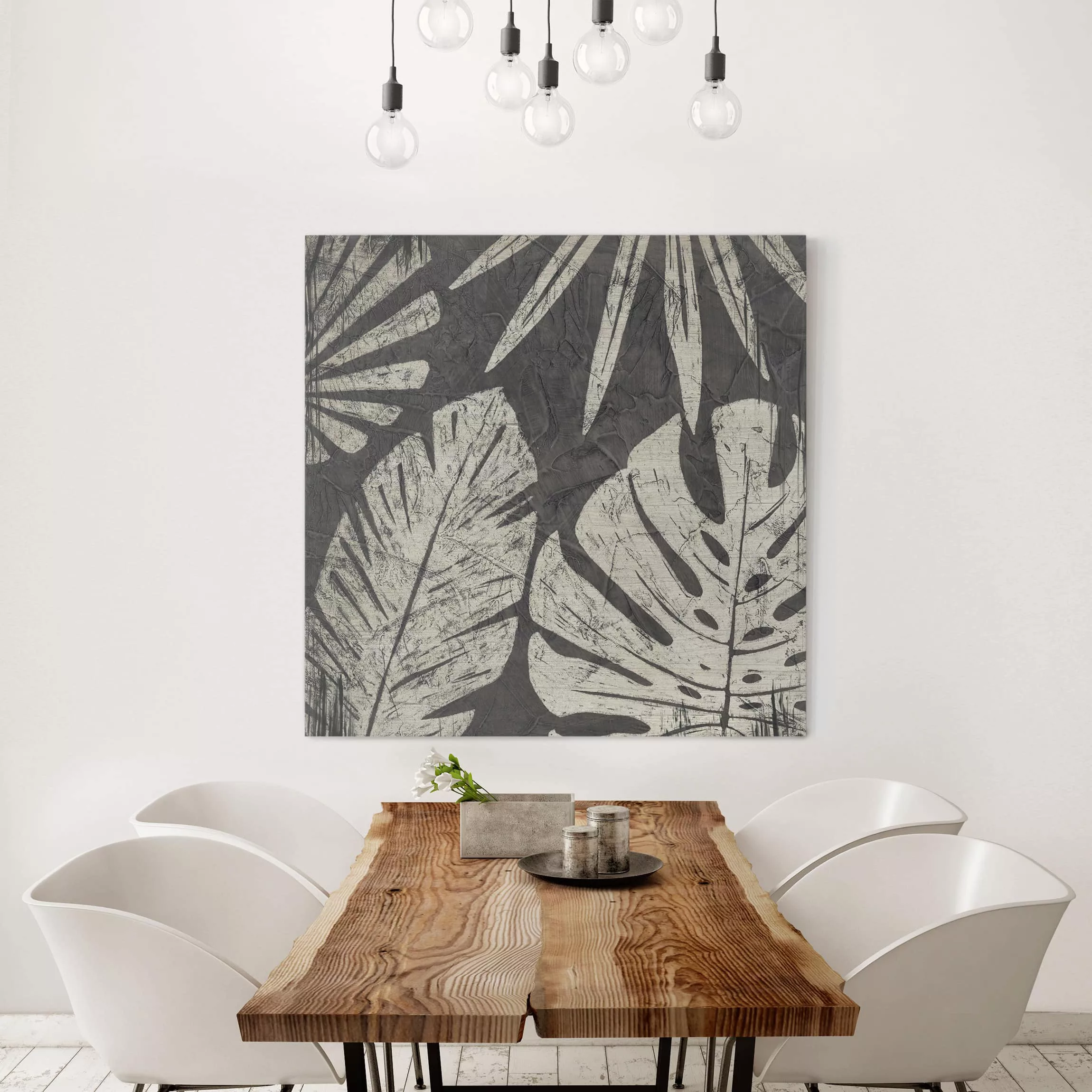 Leinwandbild Botanik - Quadrat Palmenblätter vor Dunkelgrau günstig online kaufen