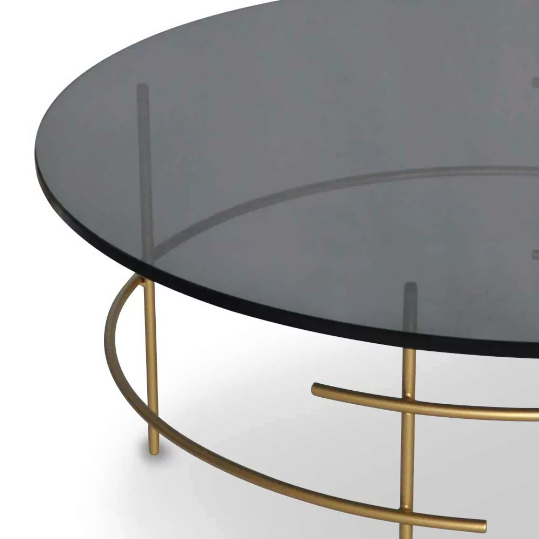 Design Couchtisch mit runder Rauchglasplatte 4-Fußgestell in Goldfarben günstig online kaufen