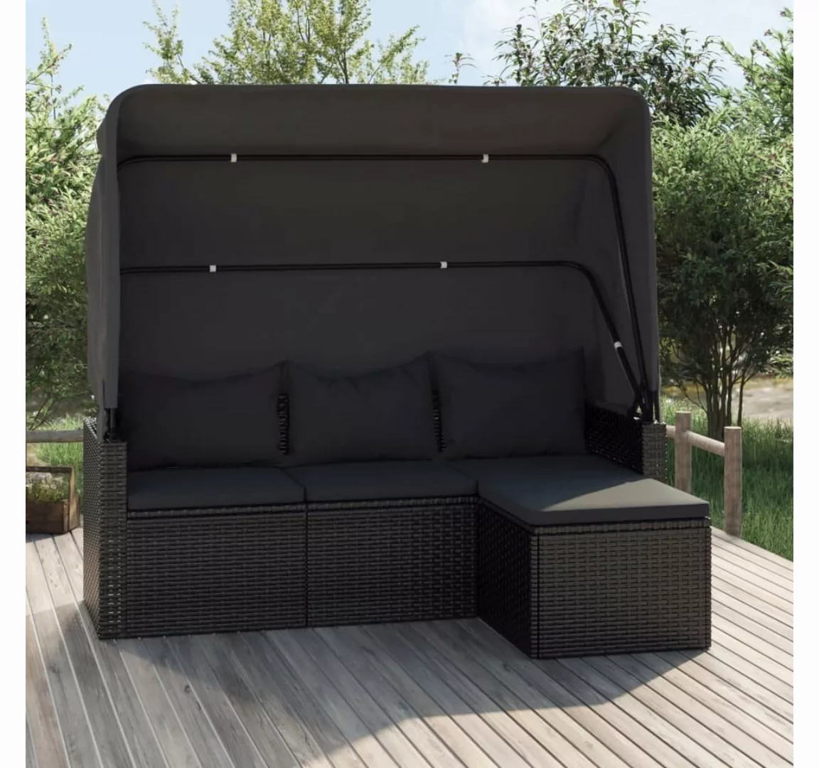 vidaXL Loungesofa 3-Sitzer-Gartensofa mit Dach und Fußhocker Schwarz Poly R günstig online kaufen