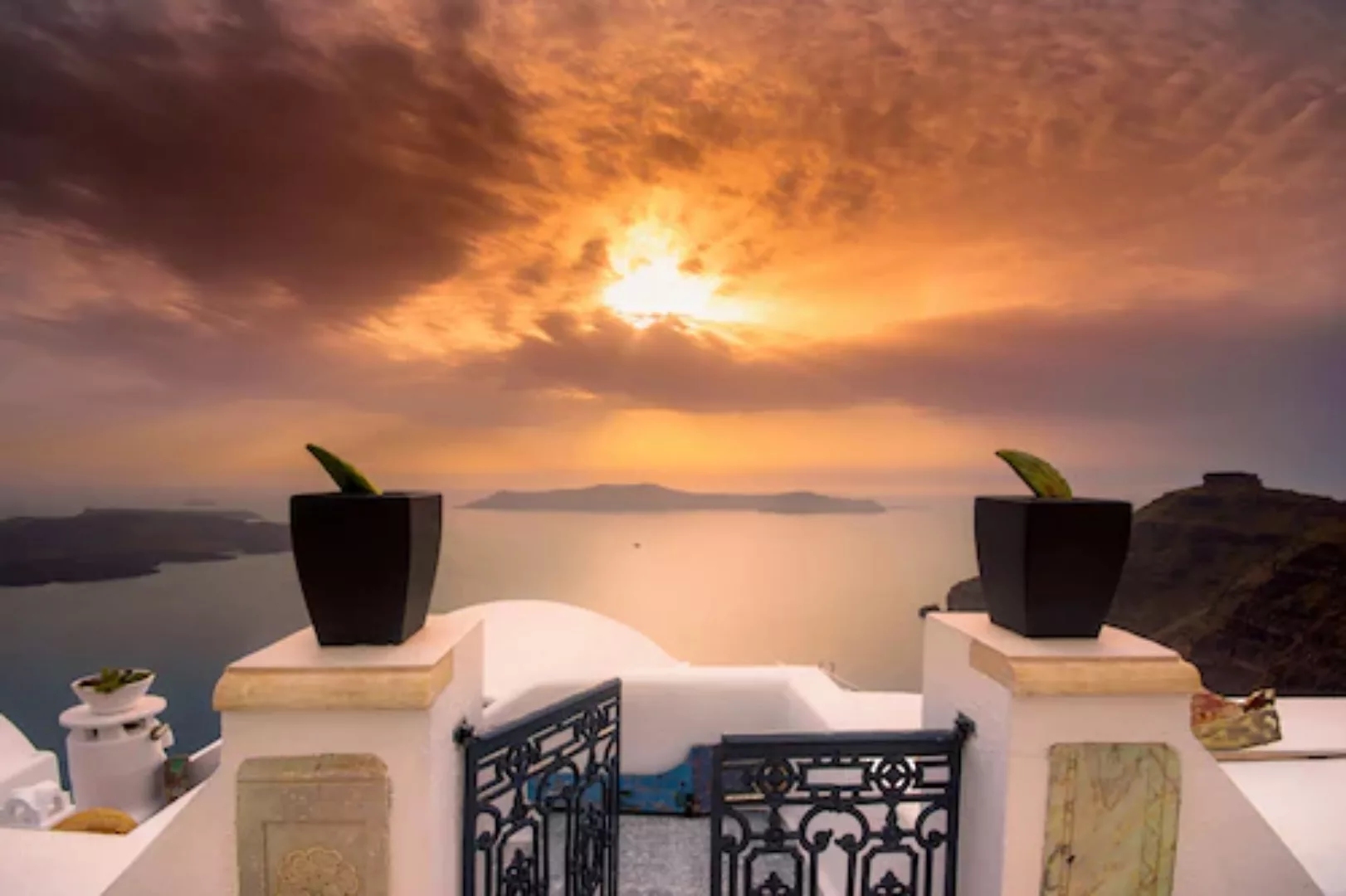 Papermoon Fototapete »TERRASSE-SANTORINI SEE MEER STRAND PALMEN DÜNEN SCHIF günstig online kaufen