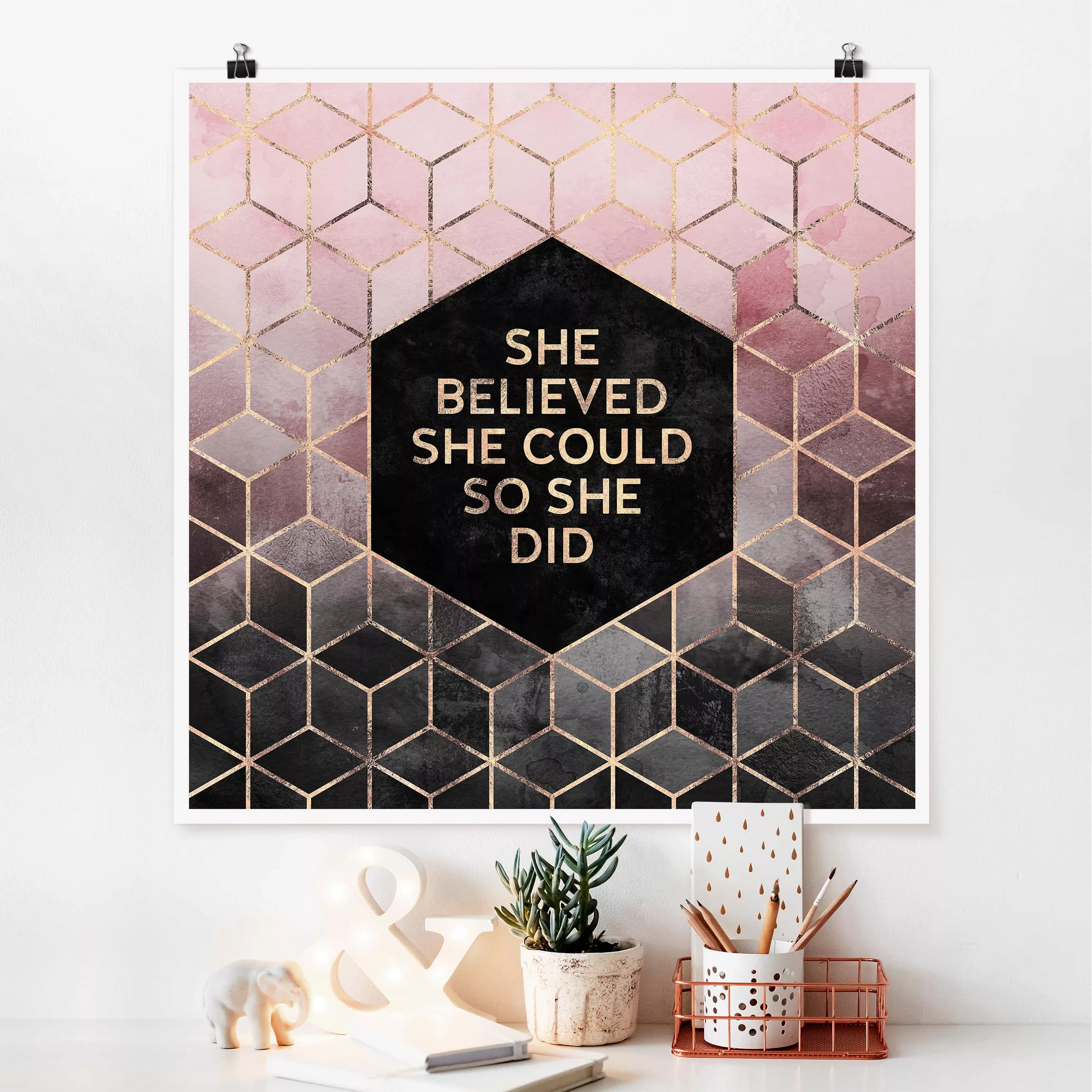 Poster Spruch - Quadrat She Believed She Could Rosé Gold günstig online kaufen