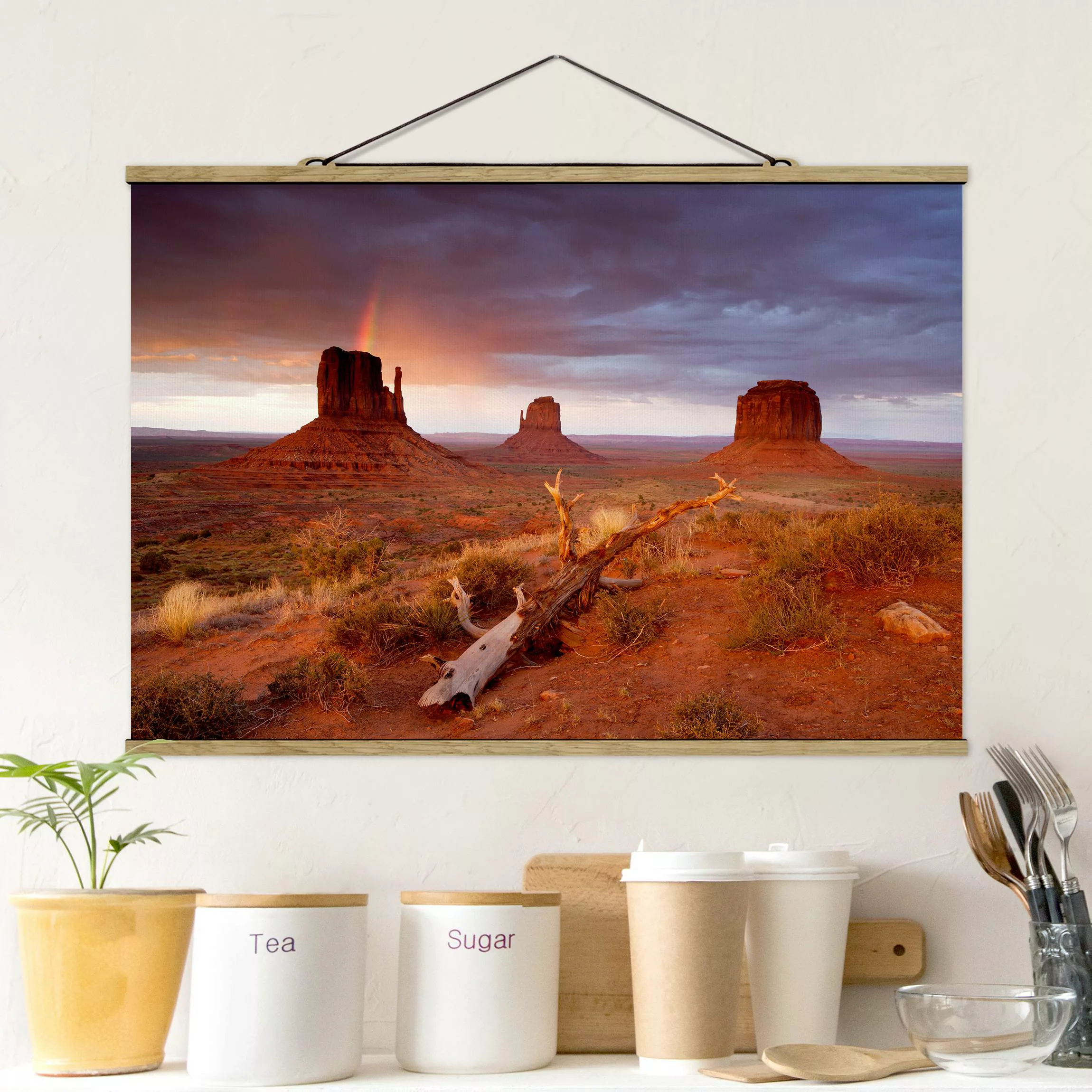 Stoffbild Berge mit Posterleisten - Querformat Monument Valley bei Sonnenun günstig online kaufen