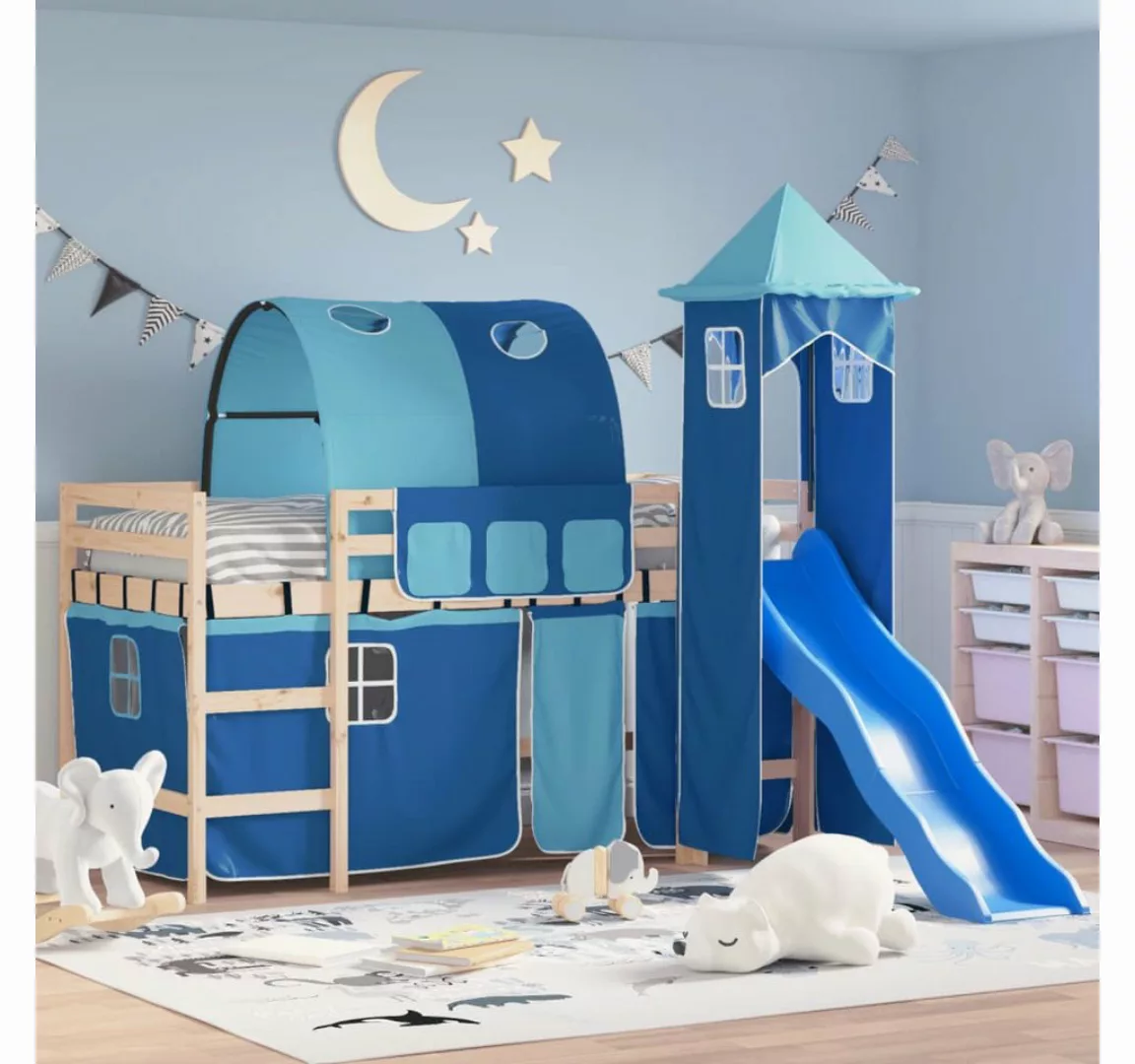 vidaXL Kinderbett Kinderhochbett mit Turm Blau 80x200 cm Massivholz Kiefer günstig online kaufen