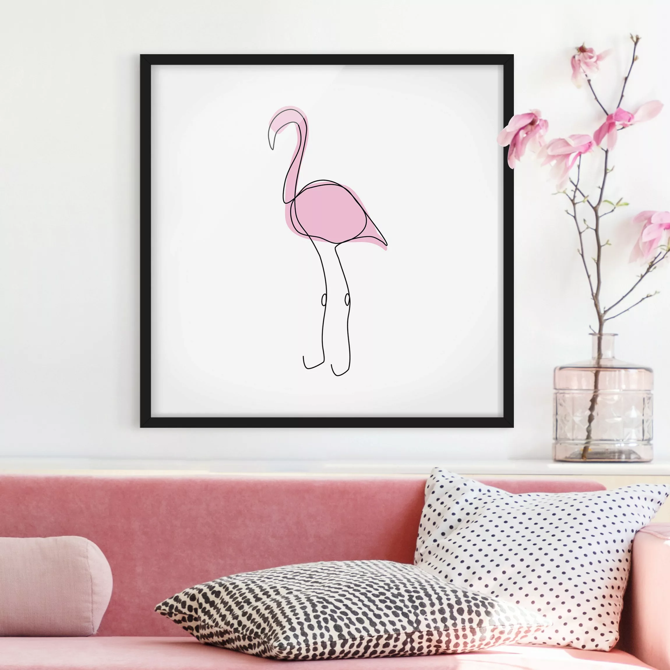 Bild mit Rahmen Kinderzimmer - Quadrat Flamingo Line Art günstig online kaufen