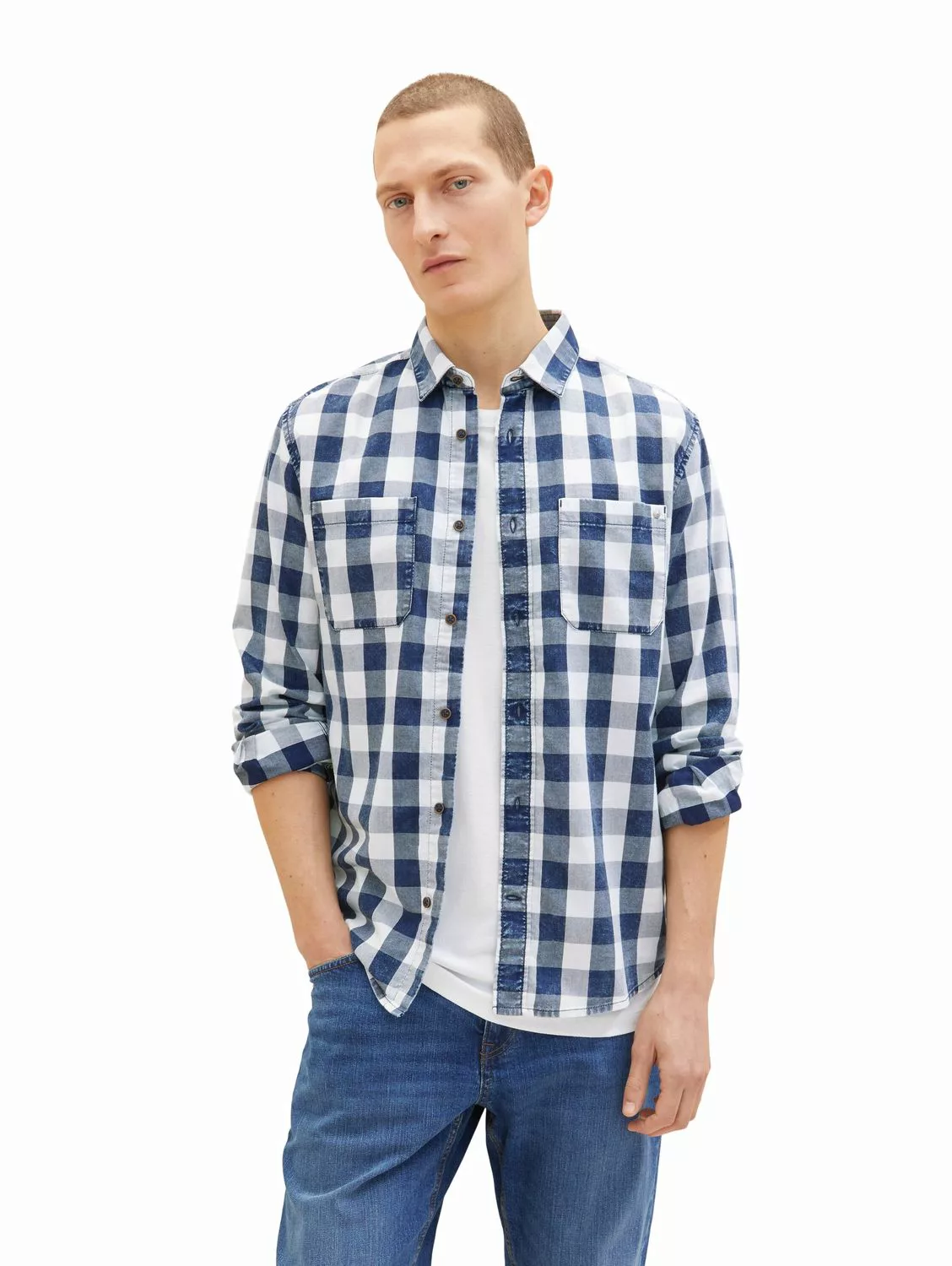 Tom Tailor Herren Langarm Hemd INDIGO CHECK - Regular Fit günstig online kaufen