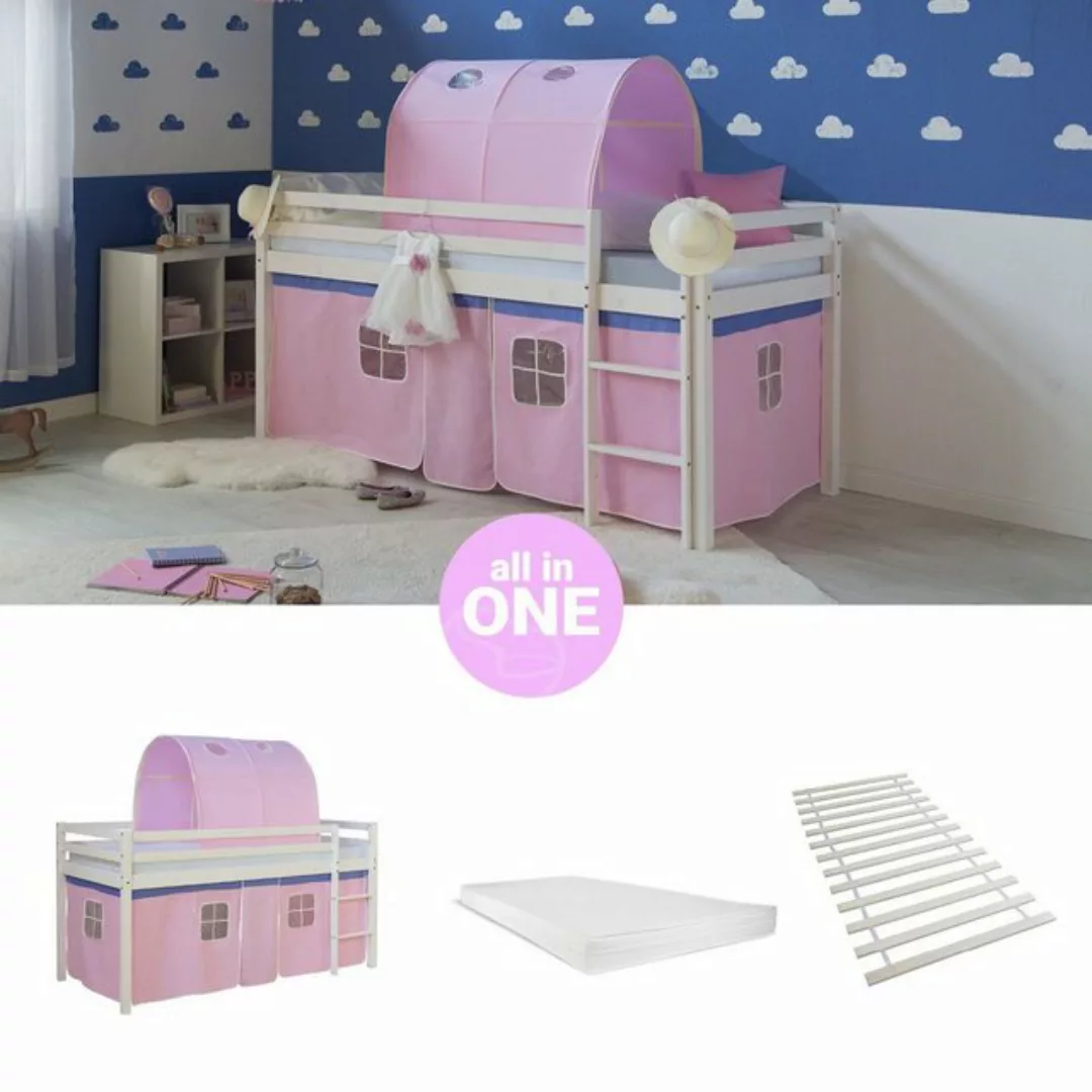 Homestyle4u Hochbett Kinderbett mit Leiter und Vorhang Weiß Rosa Holz Trepp günstig online kaufen