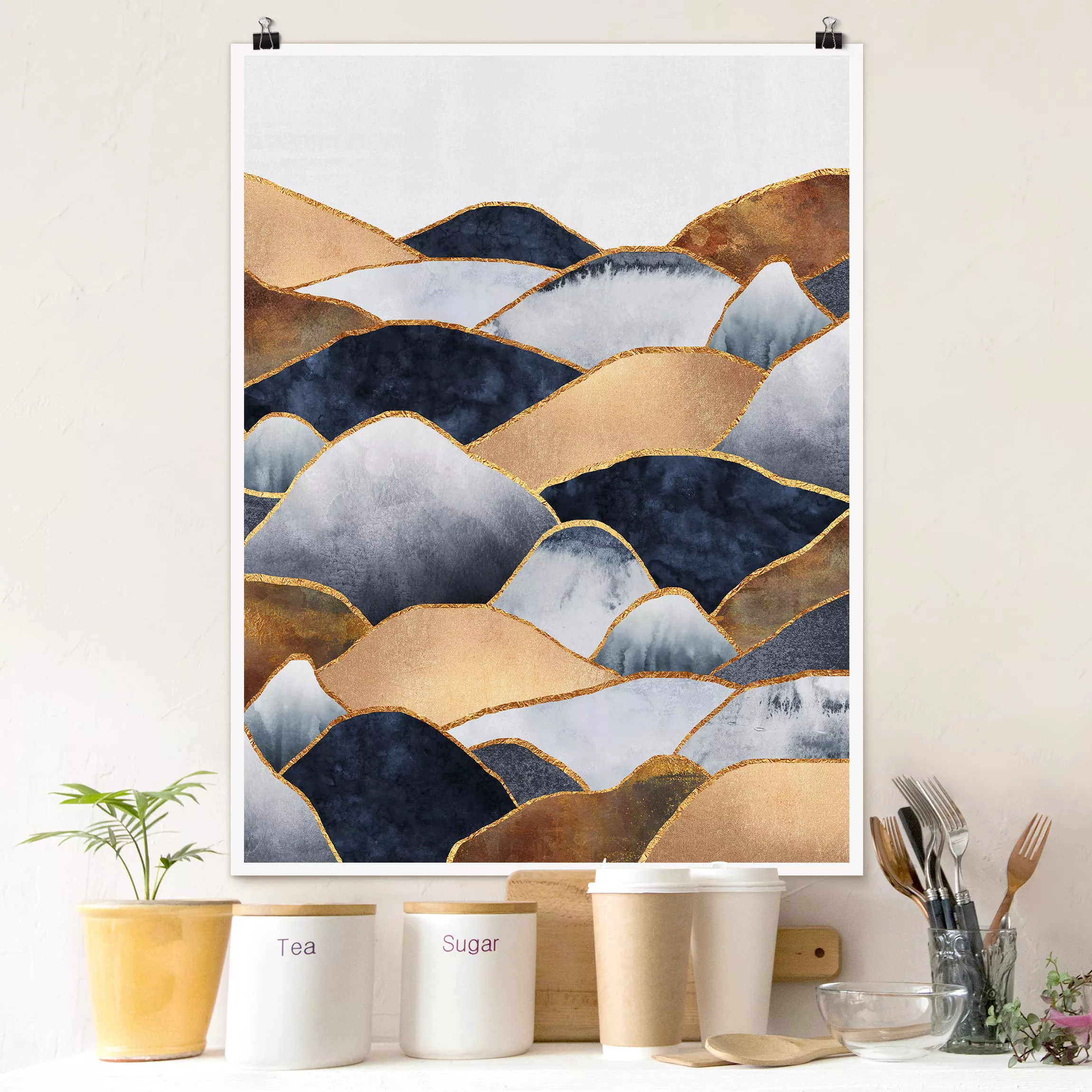 Poster Kunstdruck - Hochformat Goldene Berge Aquarell günstig online kaufen