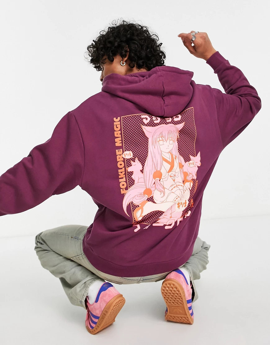ASOS DESIGN – Oversize-Kapuzenpullover mit Anime-Print hinten in Violett günstig online kaufen