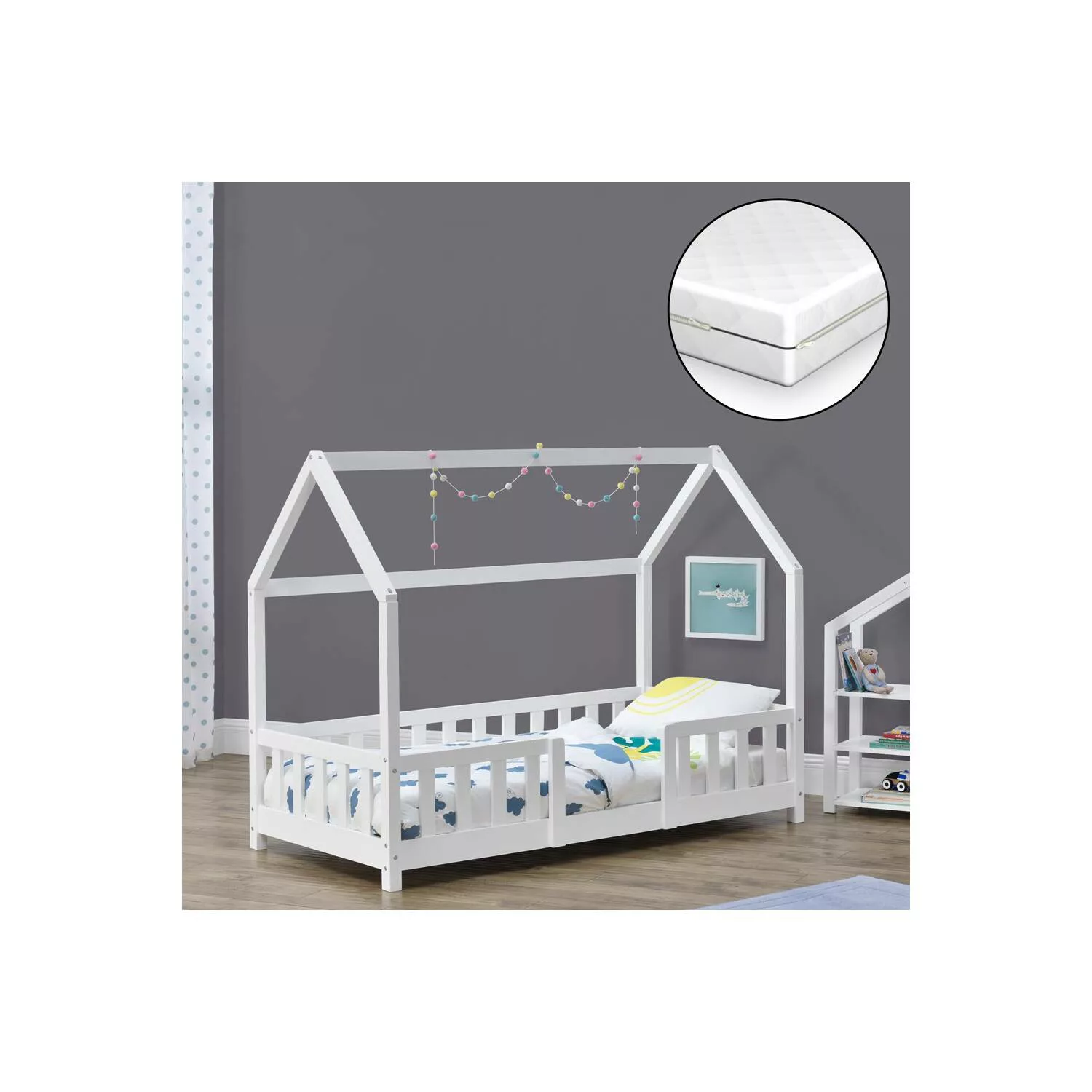 Kinderbett in Hausform Kiefer weiß inkl. Matratze SORO-100 Liegefläche 80x1 günstig online kaufen