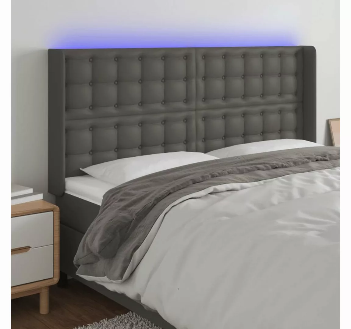 vidaXL Bett, LED Kopfteil Grau 147x16x118/128 cm Kunstleder günstig online kaufen