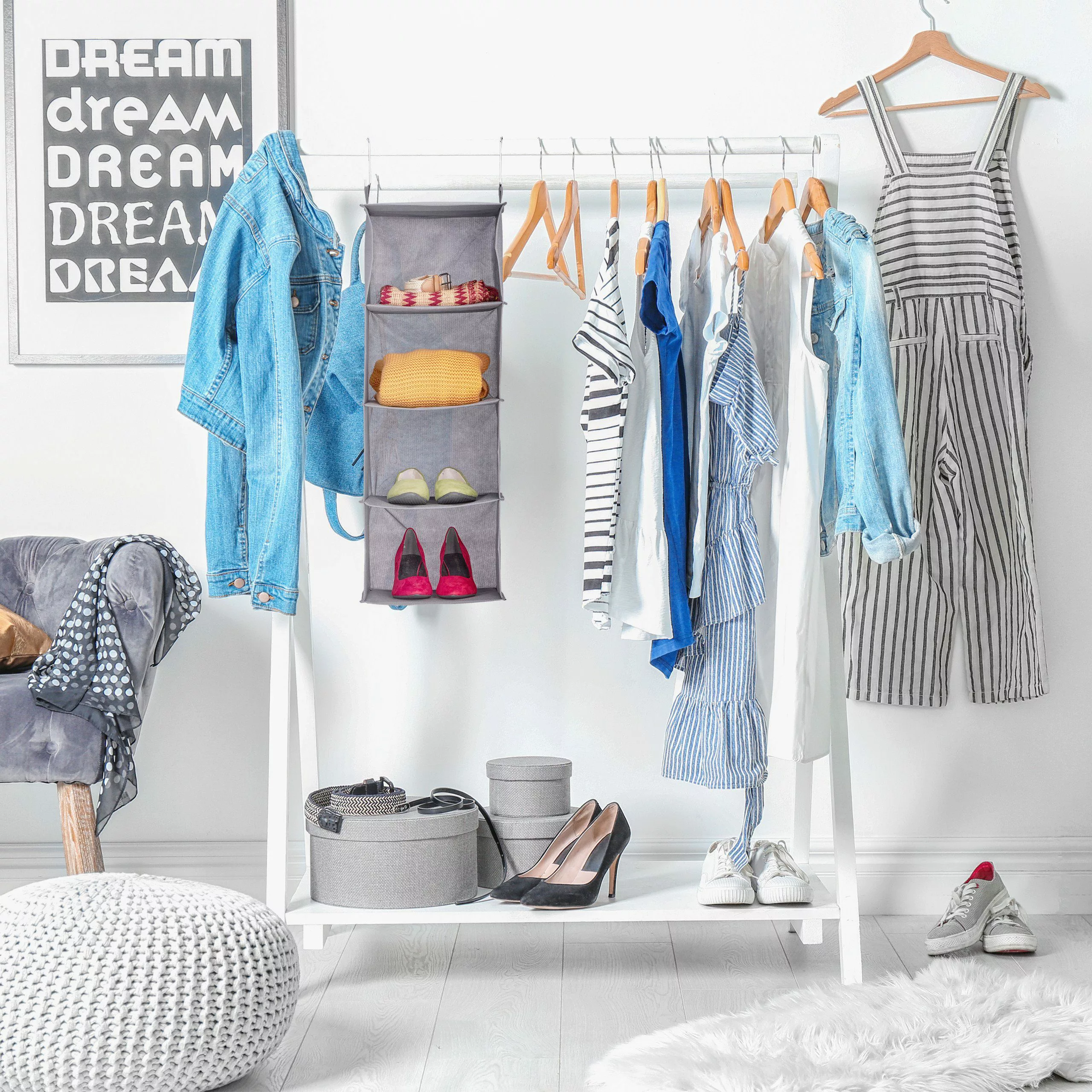 relaxdays Hängeregal Kleiderschrank 4 Fäch, Grau günstig online kaufen