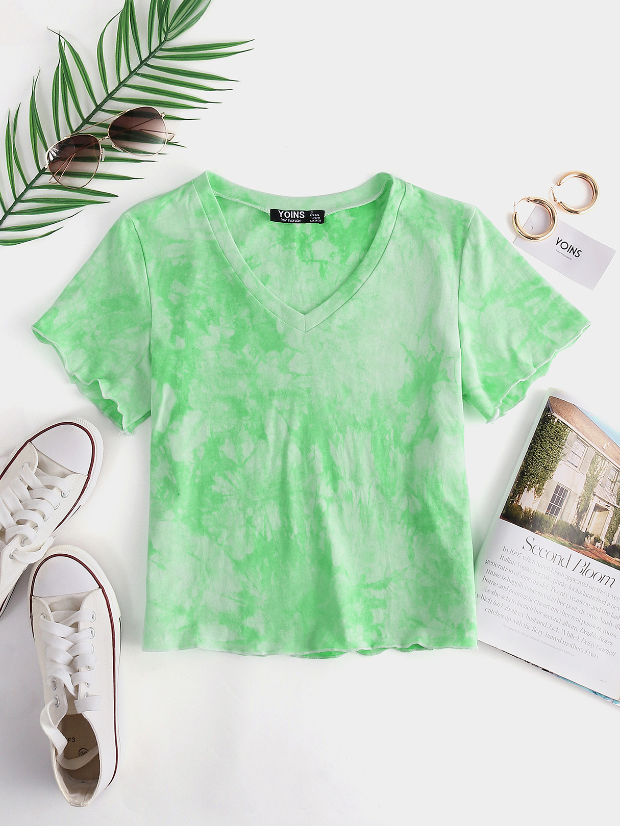 YOINS Grüne Kurzarm-T-Shirts mit V-Ausschnitt günstig online kaufen