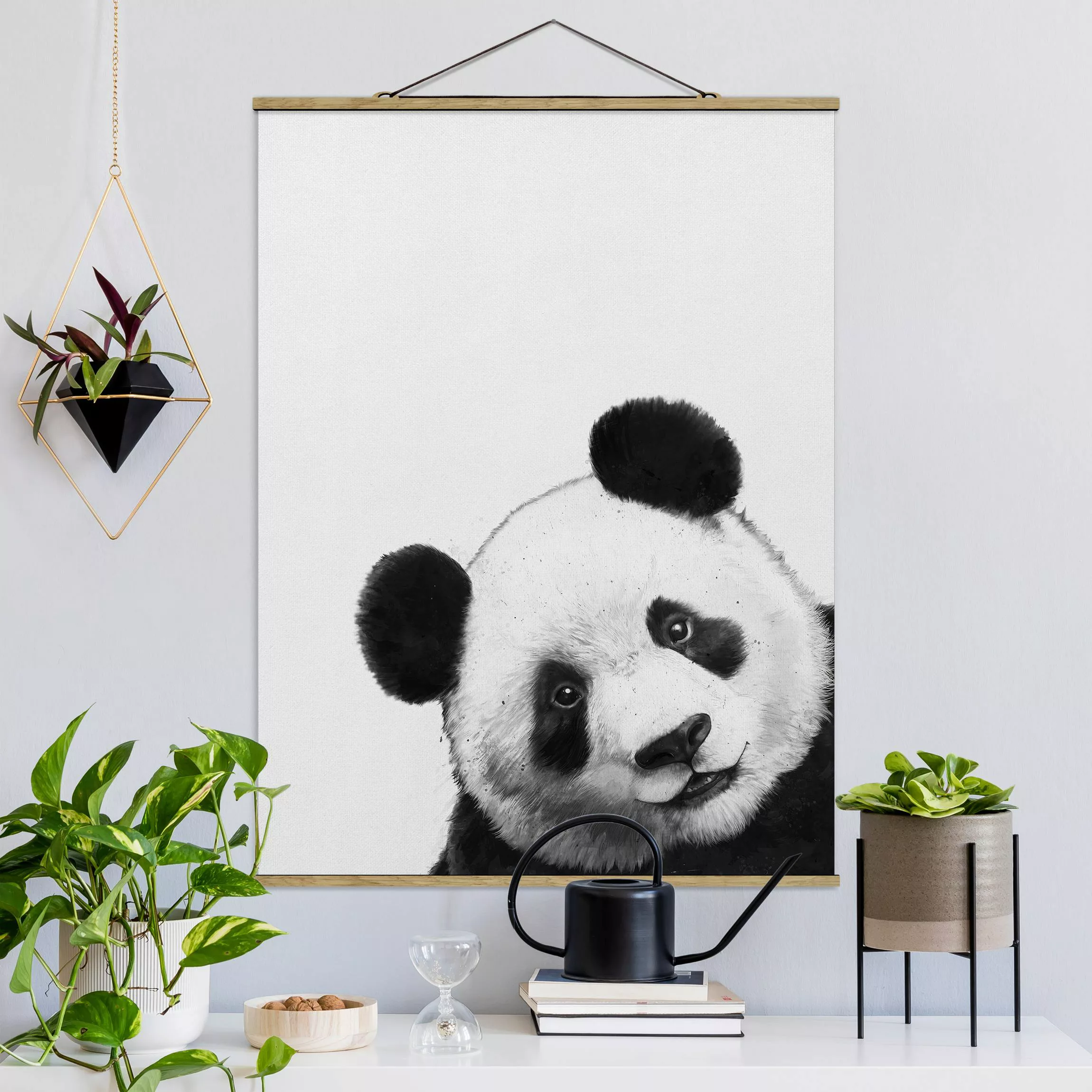 Stoffbild Tiere mit Posterleisten - Hochformat Illustration Panda Schwarz W günstig online kaufen