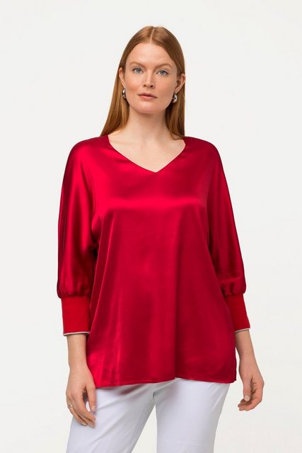 Ulla Popken Druckbluse Bluse Satin V-Ausschnitt 3/4-Fledermausärmel günstig online kaufen