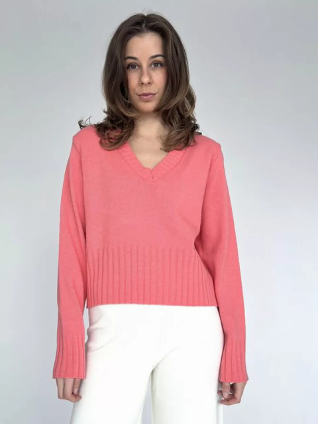 Zuckerwatte V-Ausschnitt-Pullover modisch kurz aus weichem Merino Cashmere günstig online kaufen