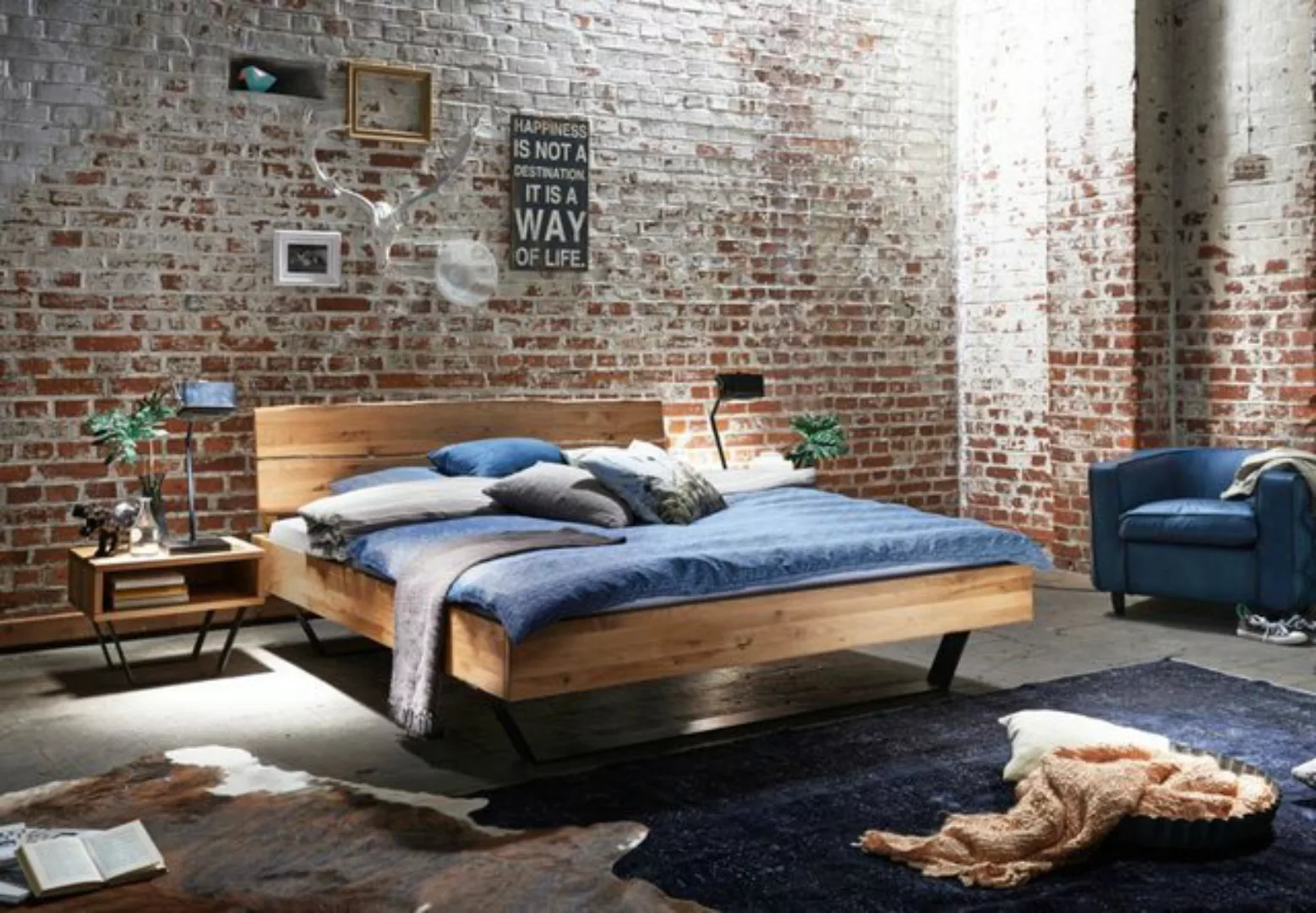 Natur24 Bett Bett Herlev 180x200 Wildeiche massiv mit Kopfteil und Metallku günstig online kaufen