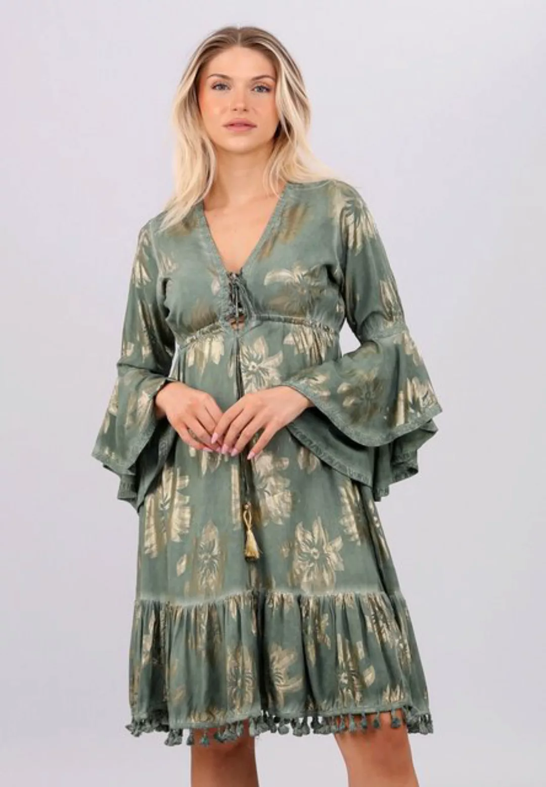 YC Fashion & Style Tunikakleid "Boho-Chic Kleid in Edlem Khaki mit Goldenen günstig online kaufen