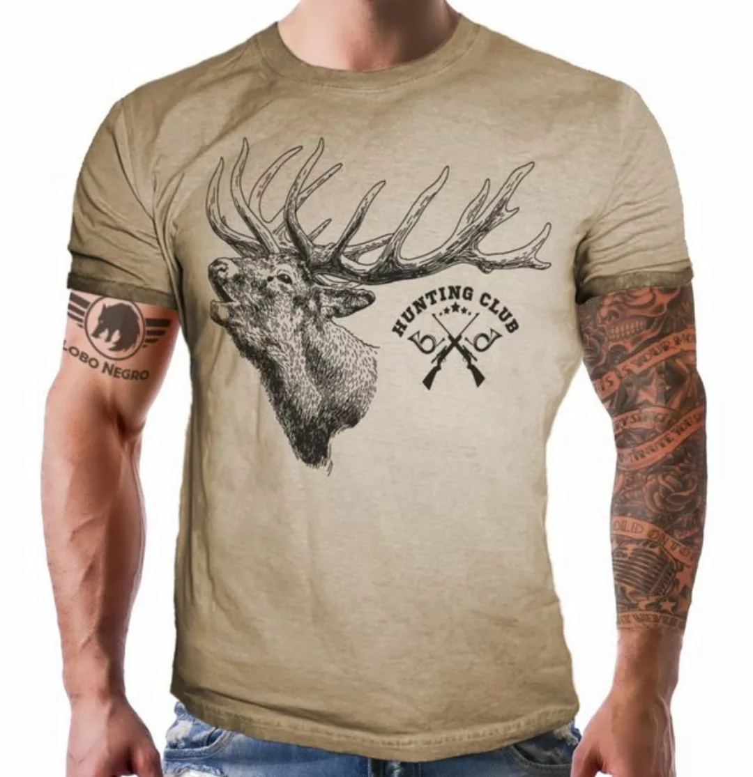 LOBO NEGRO® T-Shirt in Sand Washed Optik für den Jäger: Hunting Club Hirsch günstig online kaufen