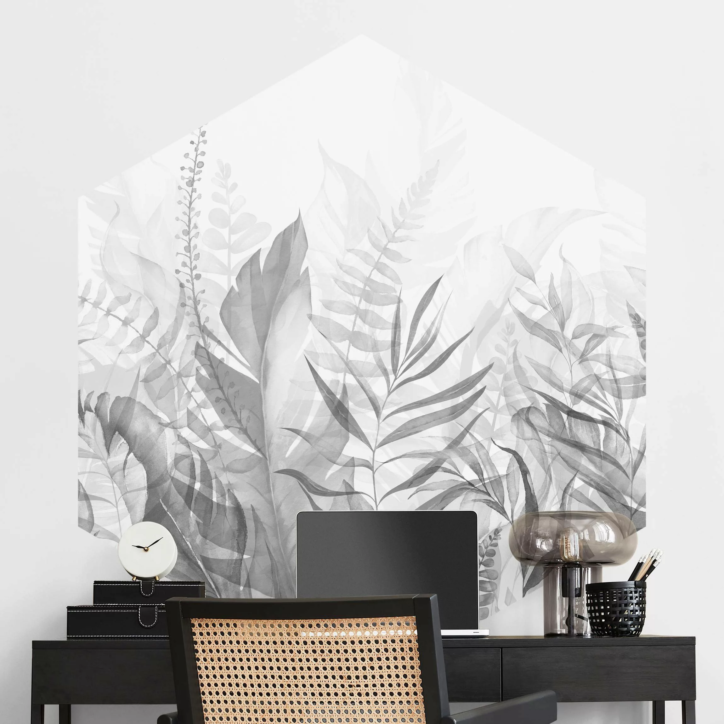 Hexagon Fototapete selbstklebend Botanik - Tropische Blätter Grau günstig online kaufen