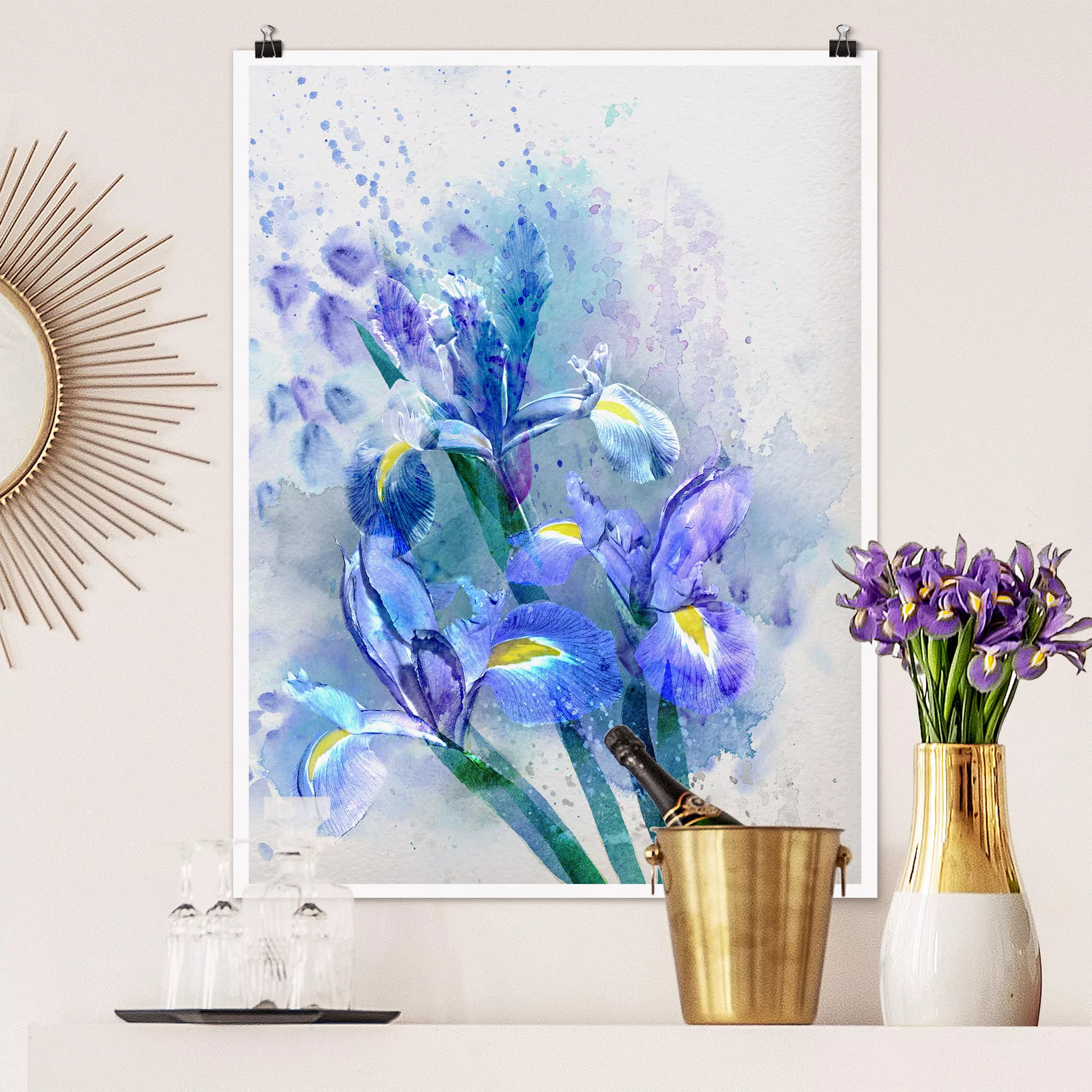 Poster Blumen - Hochformat Aquarell Blumen Iris günstig online kaufen