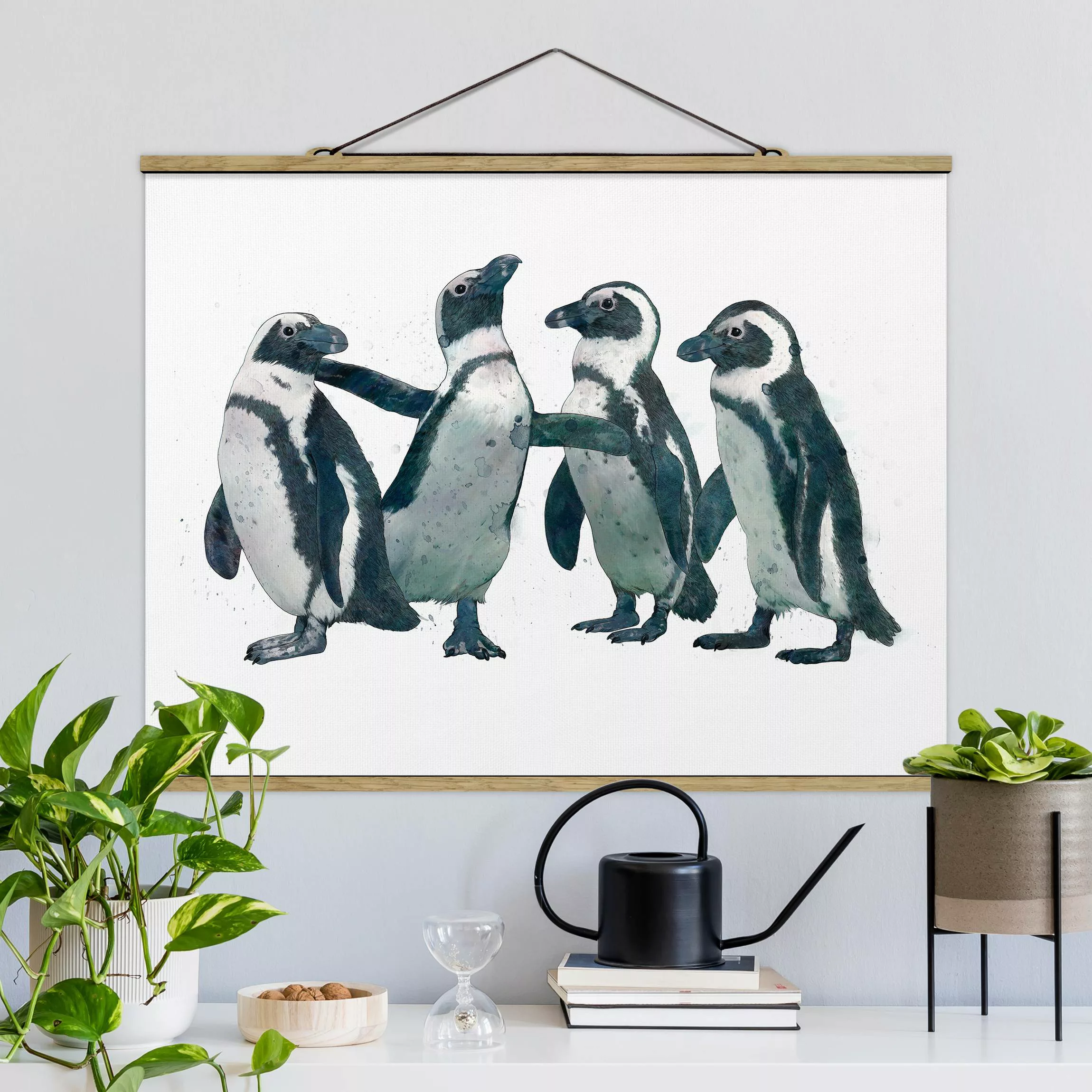Stoffbild Tiere mit Posterleisten - Querformat Illustration Pinguine Schwar günstig online kaufen