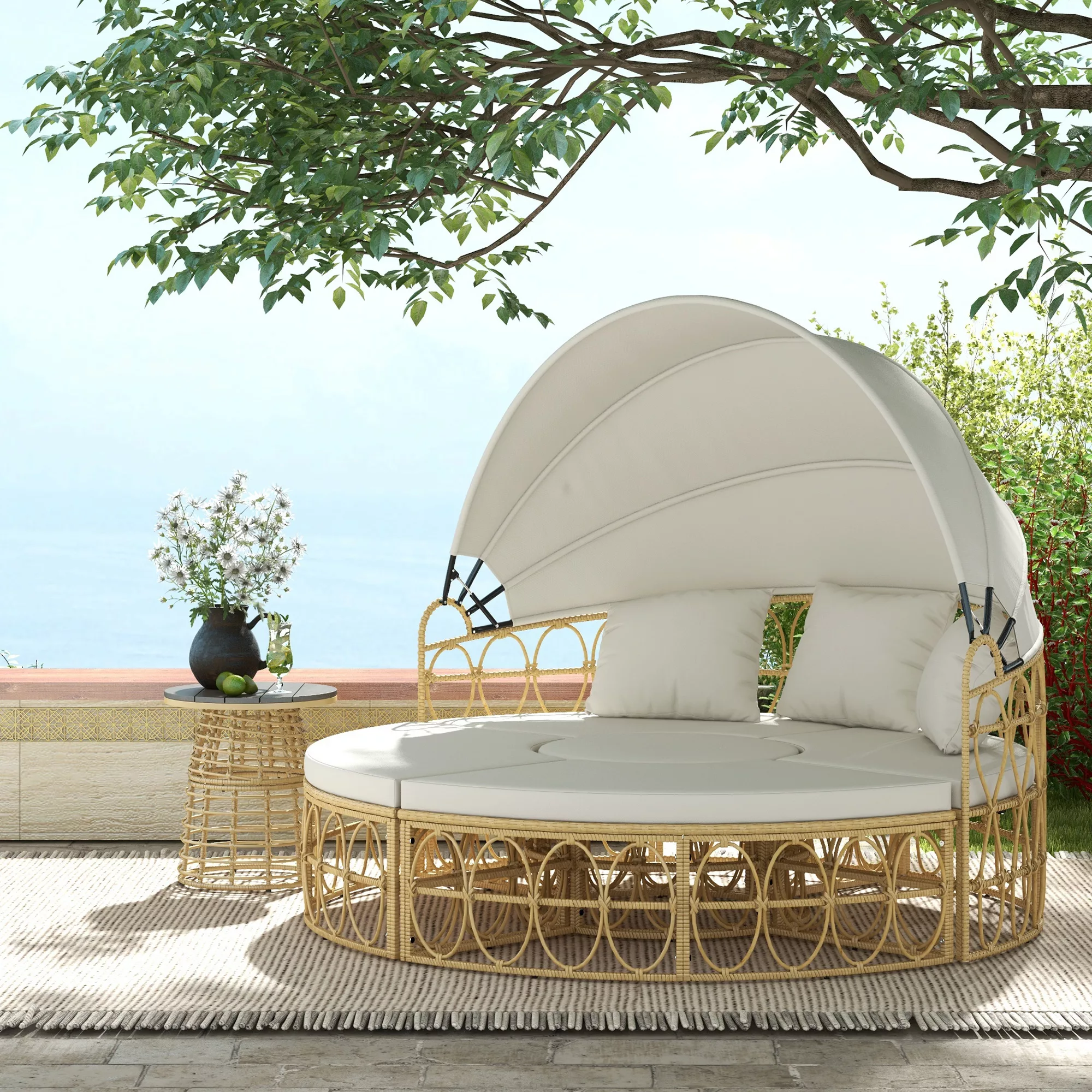 Muschel Gartenmöbel-Set mit klappbarem Verdeck & Couchtisch, Zweisitzer, Cr günstig online kaufen
