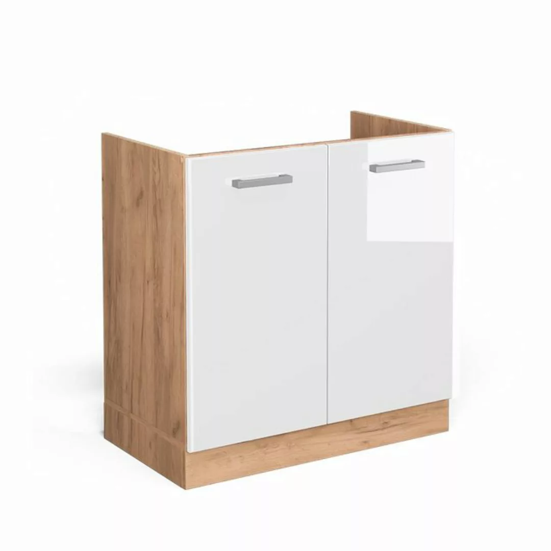 Livinity® Spülenunterschrank R-Line, Weiß Hochglanz/Goldkraft Eiche, 80 cm, günstig online kaufen