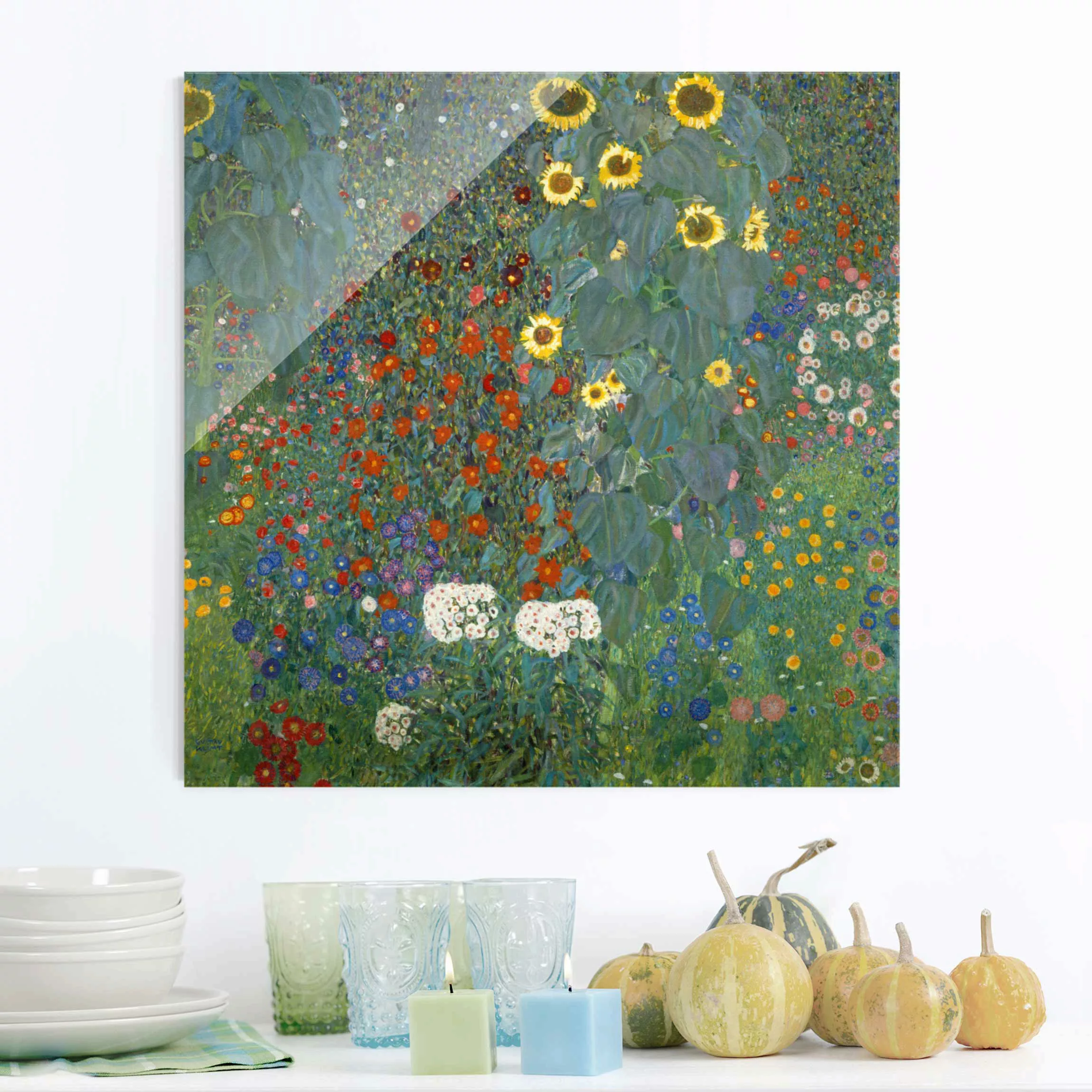 Glasbild Kunstdruck - Quadrat Gustav Klimt - Garten Sonnenblumen günstig online kaufen
