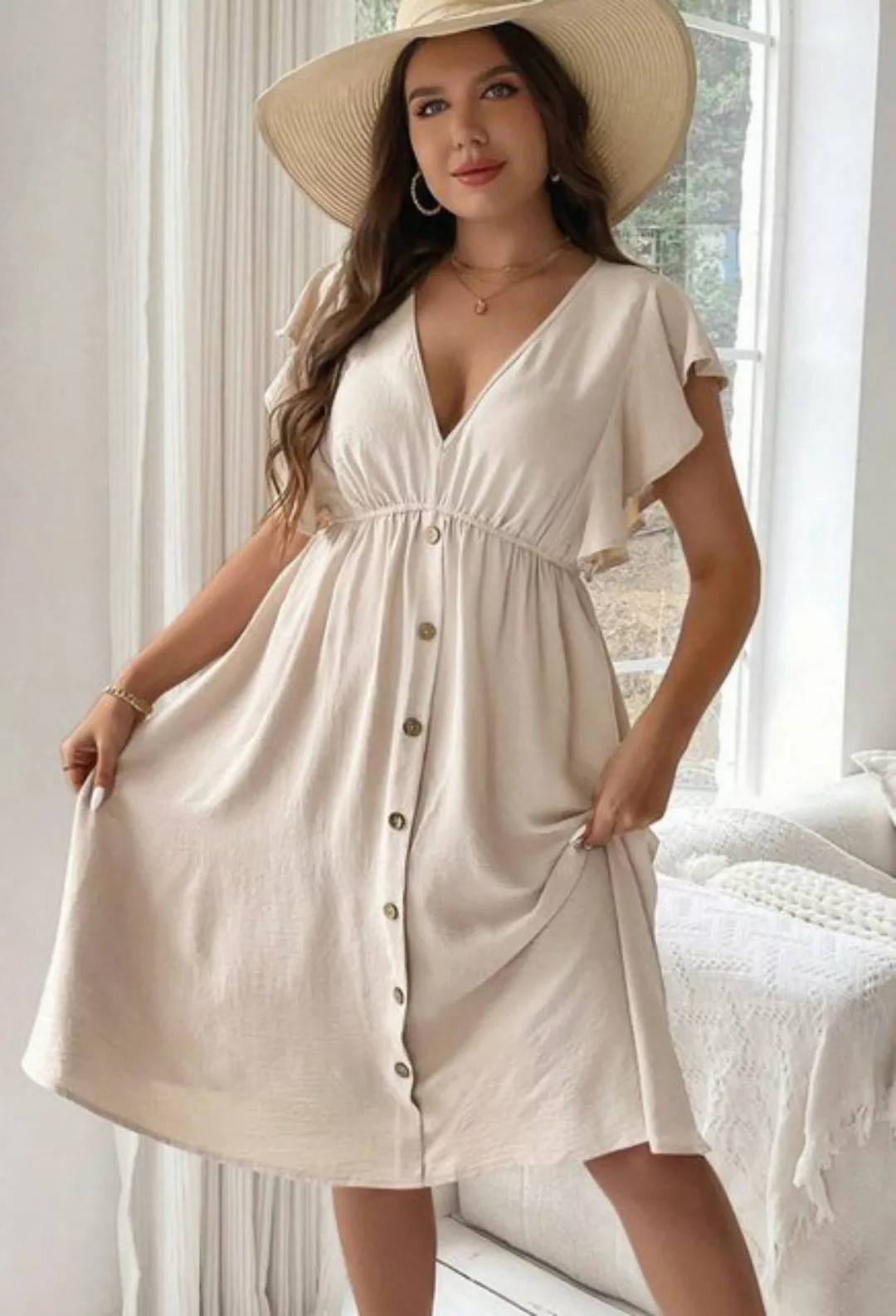 CHENIN Strandkleid Plus Size Damenkleid mit V-Ausschnitt und Knöpfen und Rü günstig online kaufen