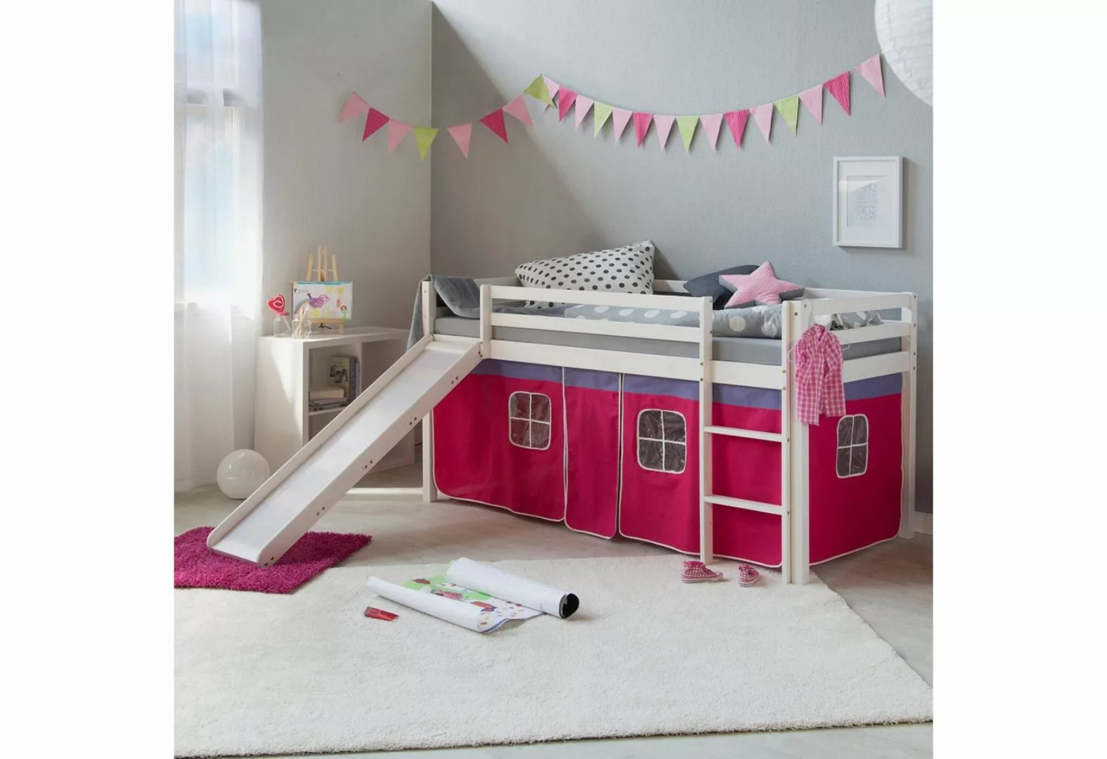 Homestyle4u Hochbett 90x200 cm Kinderbett Weiß Kiefer mit Vorhang Pink mit günstig online kaufen