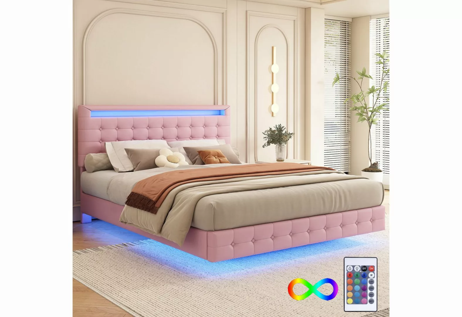 Rutaqian Polsterbett Doppelbett LED, Flachbett,140×200cm, Federung, PU-Mate günstig online kaufen