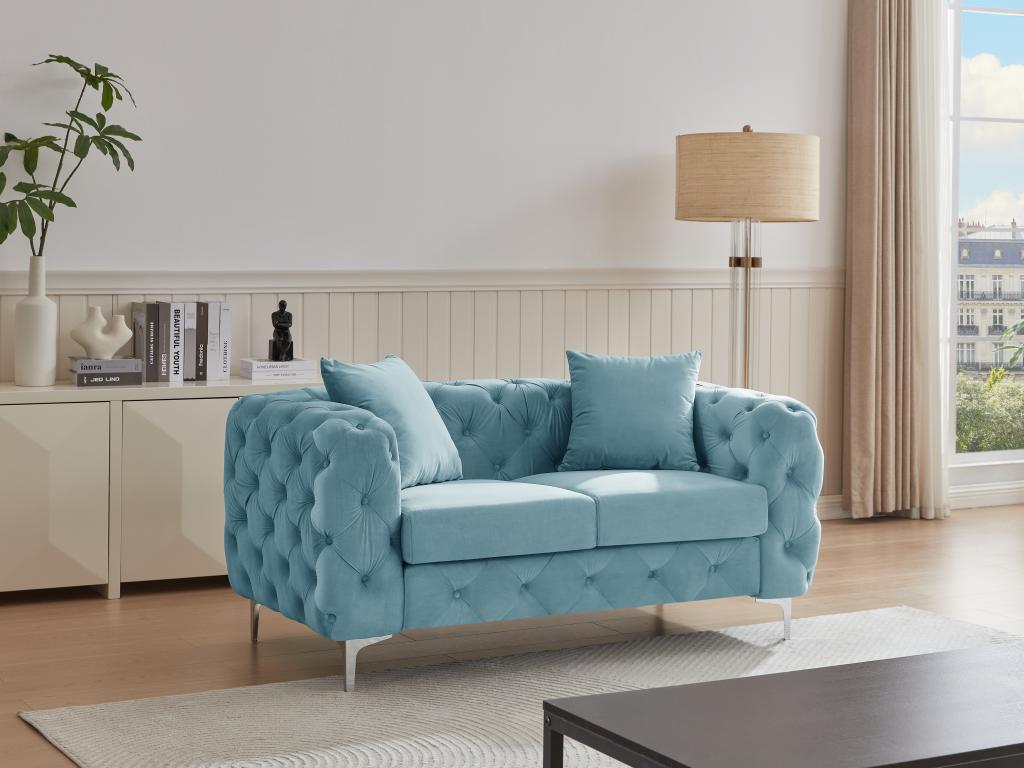 Chesterfield-Sofa 2-Sitzer - Samt - Pastellblau - EDWINA günstig online kaufen