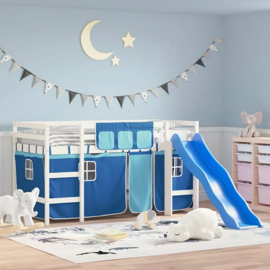 vidaXL Kinderbett Kinderhochbett mit Vorhängen Blau 90x190 cm Massivholz Ki günstig online kaufen