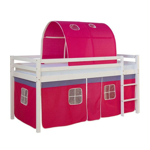 Homestyle4u Hochbett 90x200 cm Kinderbett Weiß Kiefer Spielbett mit Vorhang günstig online kaufen