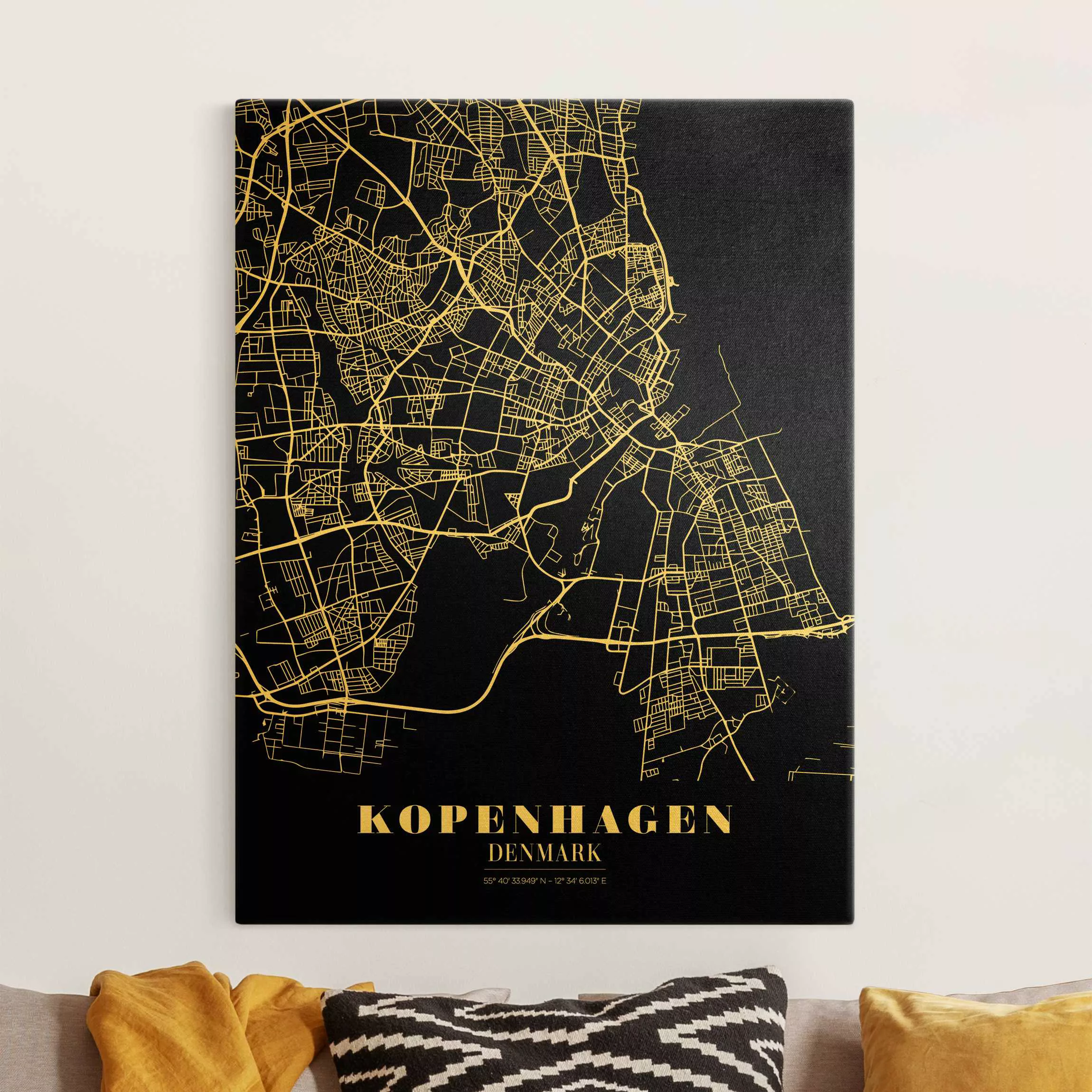 Leinwandbild Gold Stadtplan Kopenhagen - Klassik Schwarz günstig online kaufen
