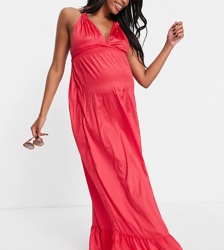ASOS DESIGN Maternity – Gestuftes Maxi-Strandkleid mit schmalen Bindebänder günstig online kaufen