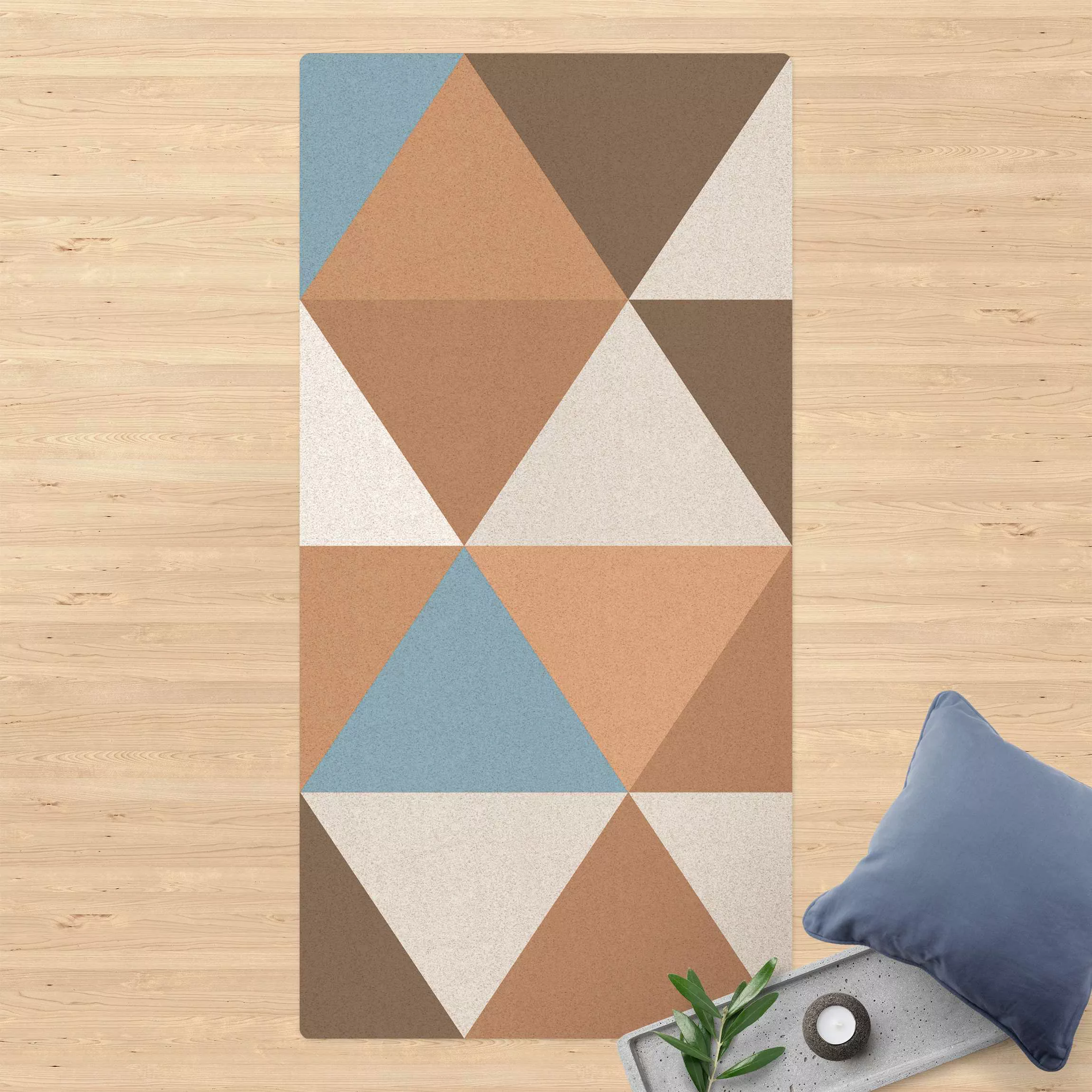 Kork-Teppich Geometrisches Muster gekippte Dreiecke Blau günstig online kaufen