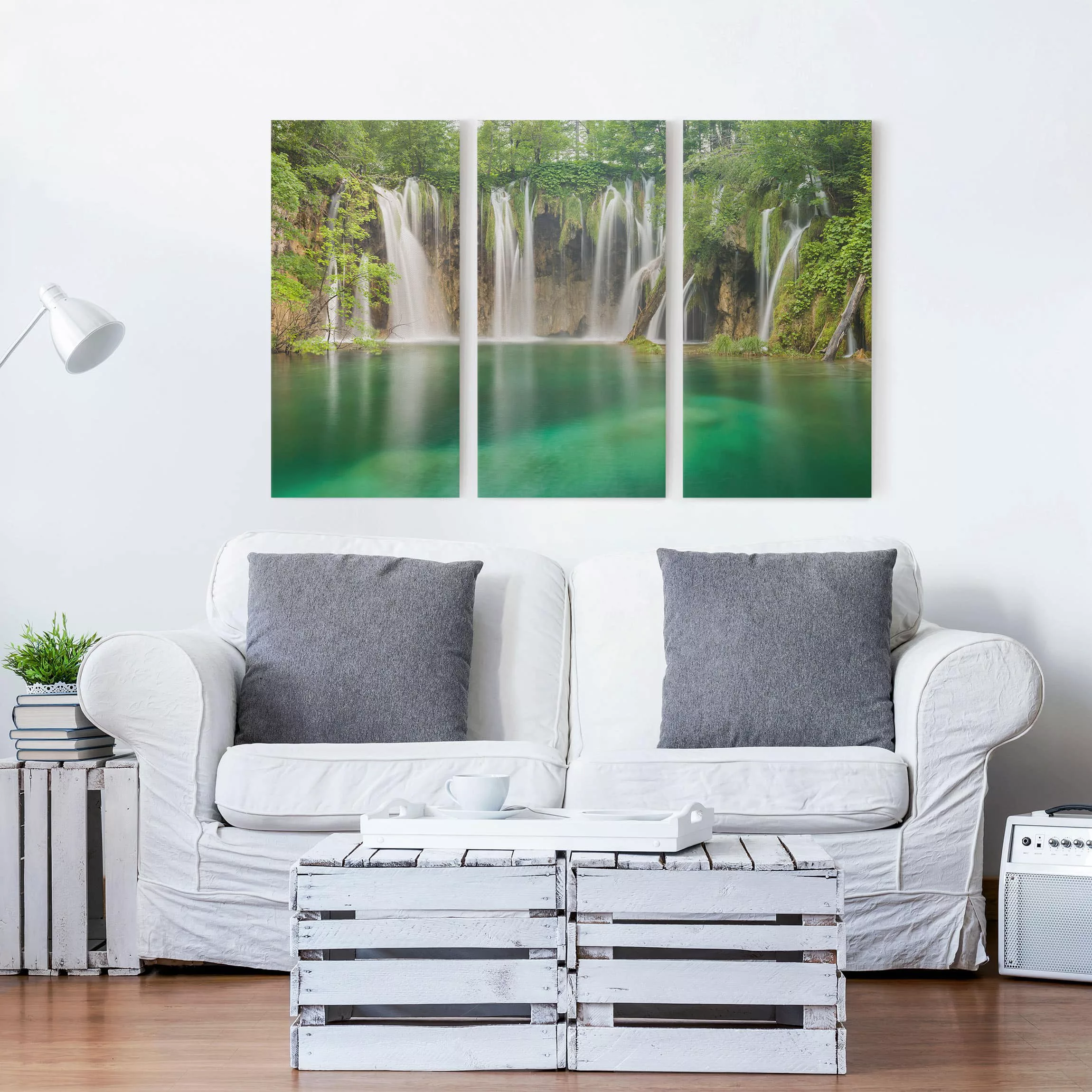 3-teiliges Leinwandbild Natur & Landschaft - Querformat Wasserfall Plitvice günstig online kaufen