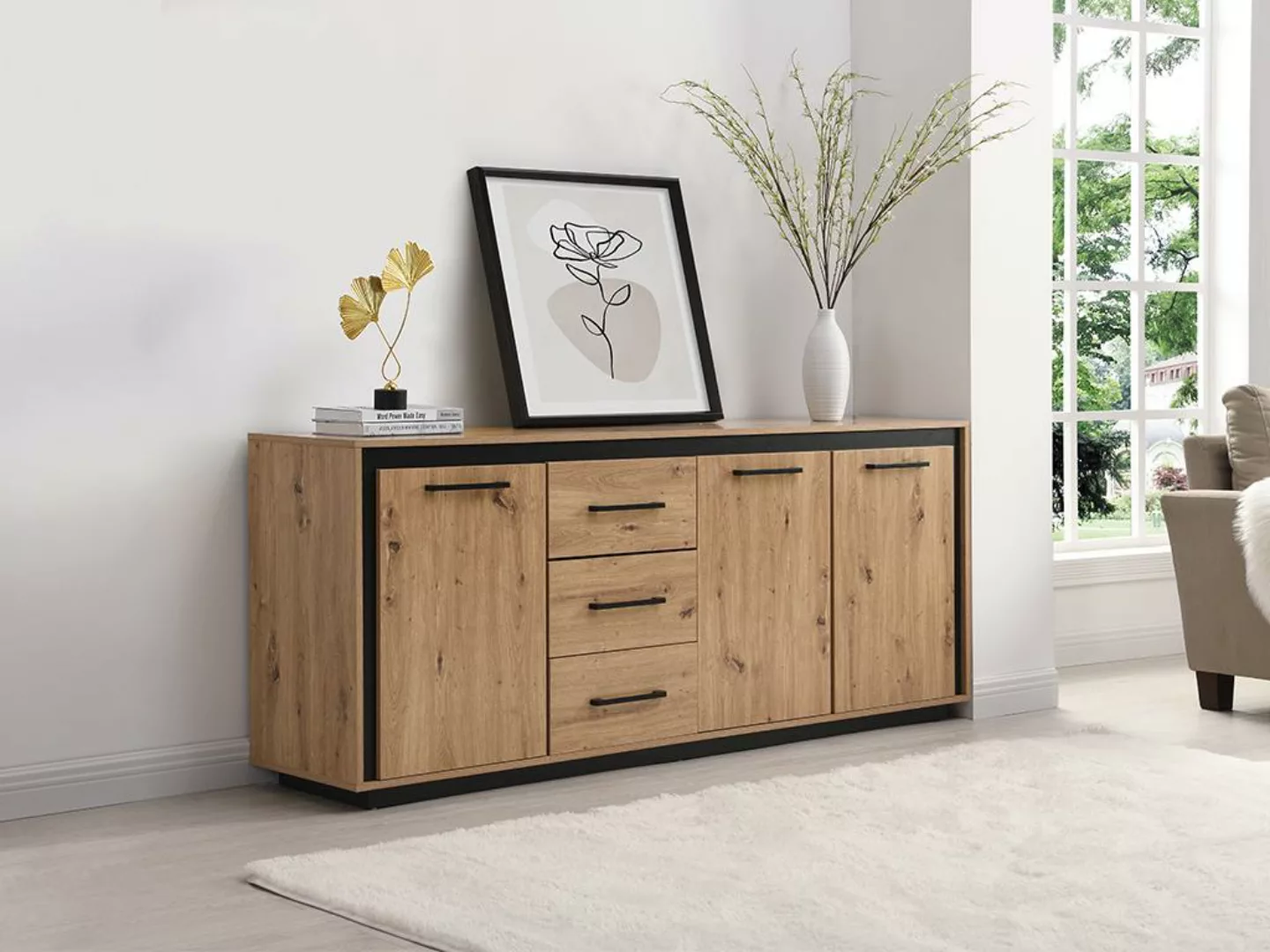 Sideboard mit 3 Türen & 3 Schubladen - MDF - Naturfarben & Schwarz - NALAMA günstig online kaufen