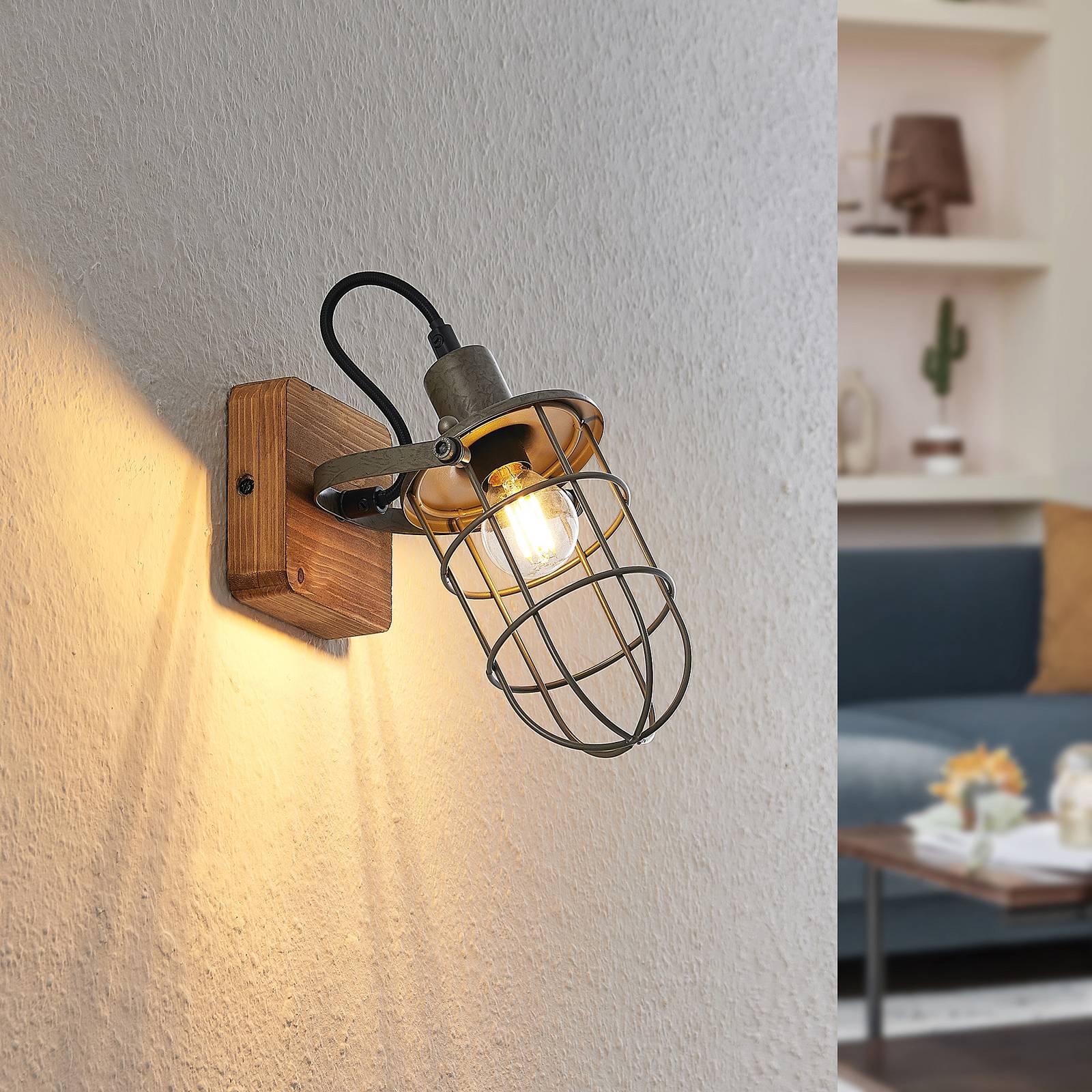Lindby Serima Deckenlampe Holz, Käfigschirm, 1-fl. günstig online kaufen