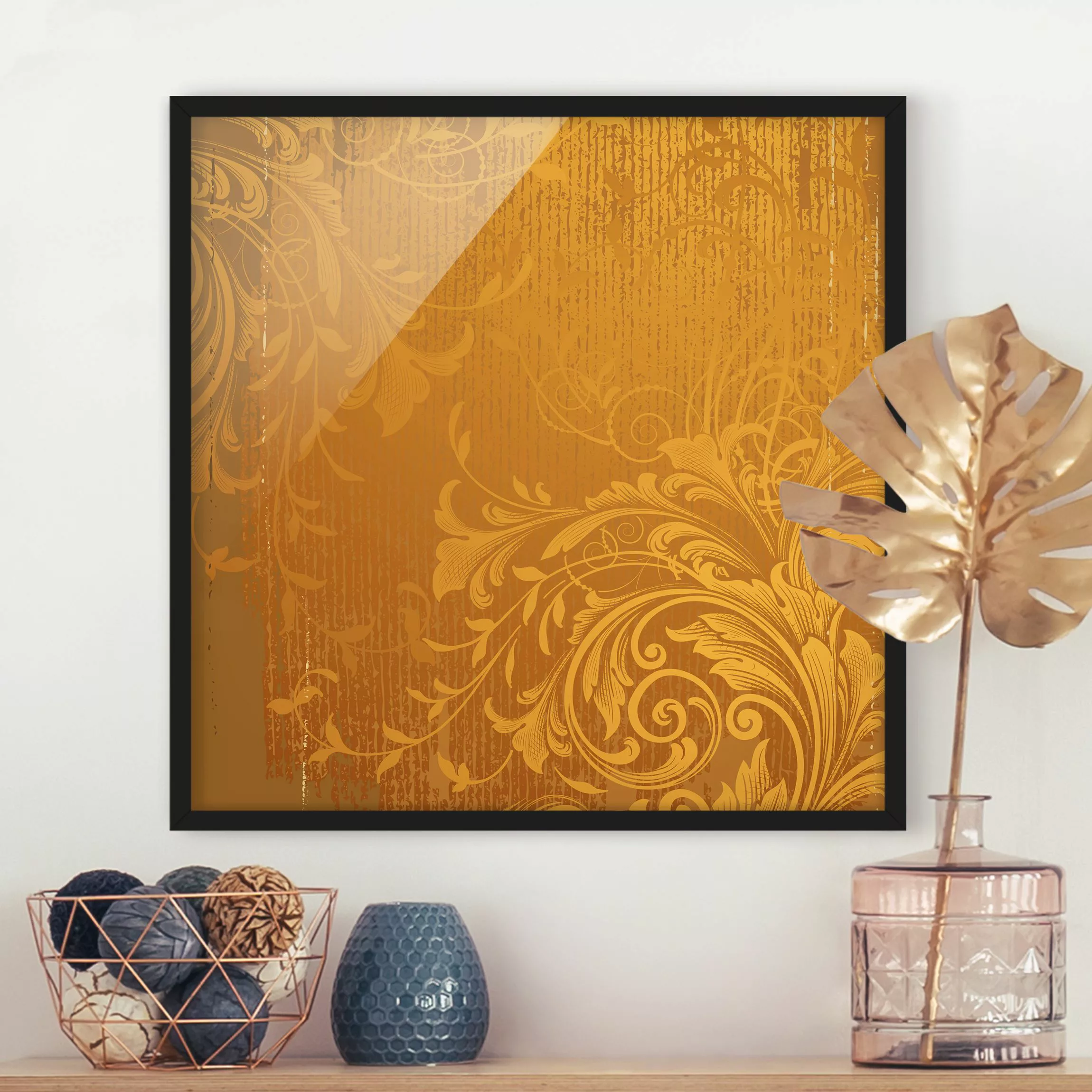 Bild mit Rahmen Muster & Textur - Quadrat Goldene Flora günstig online kaufen