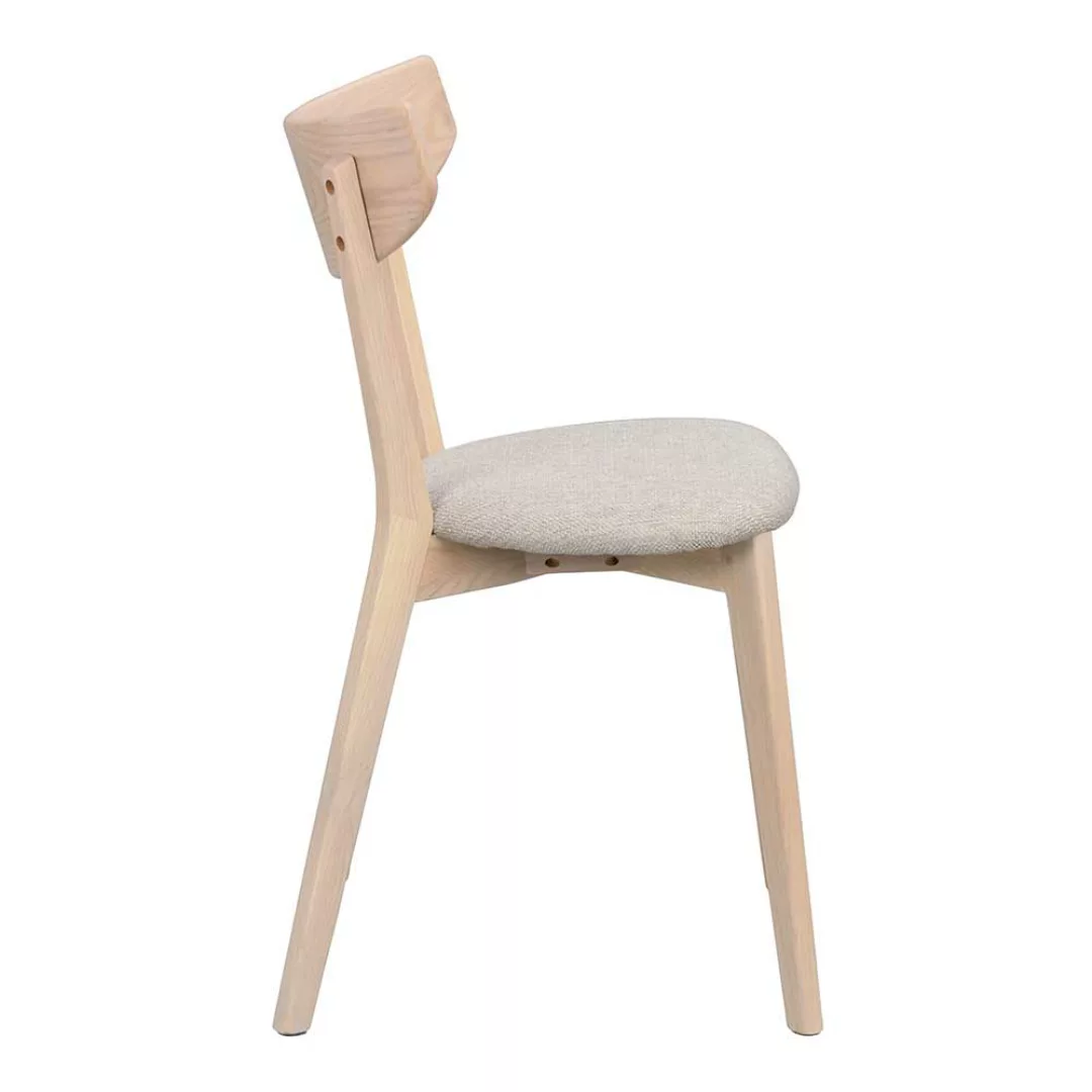 Skandi Esstisch Stühle aus Eiche Massivholz White Wash Webstoff Beigegrau ( günstig online kaufen