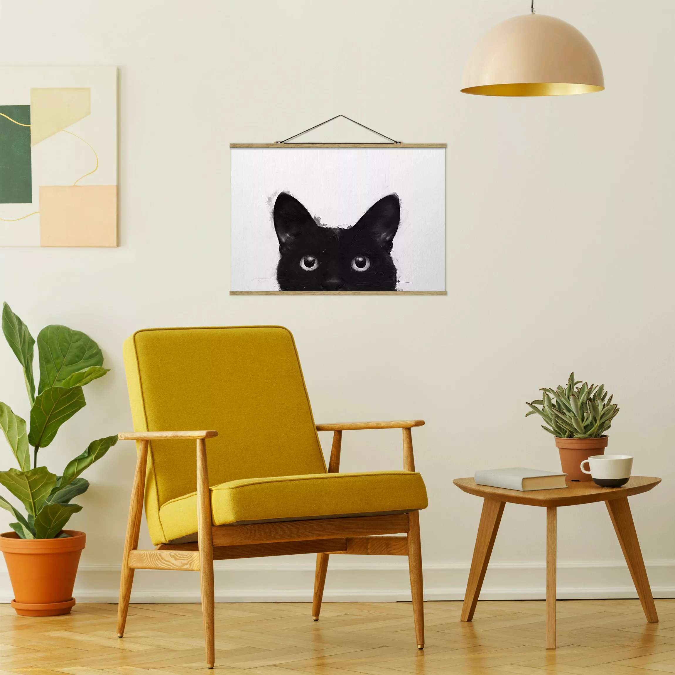 Stoffbild Tiere mit Posterleisten - Querformat Illustration Schwarze Katze günstig online kaufen