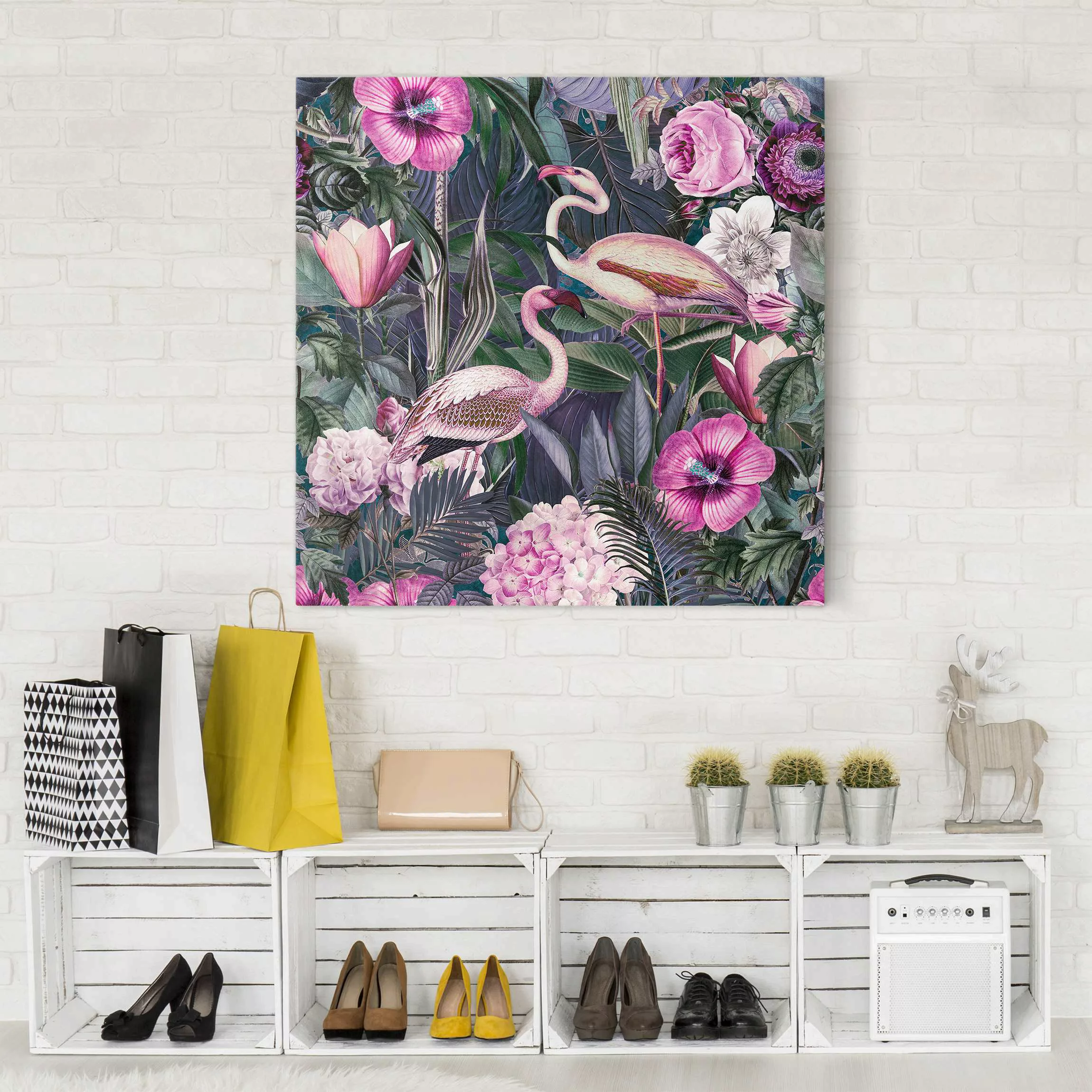 Leinwandbild Bunte Collage - Pinke Flamingos im Dschungel günstig online kaufen