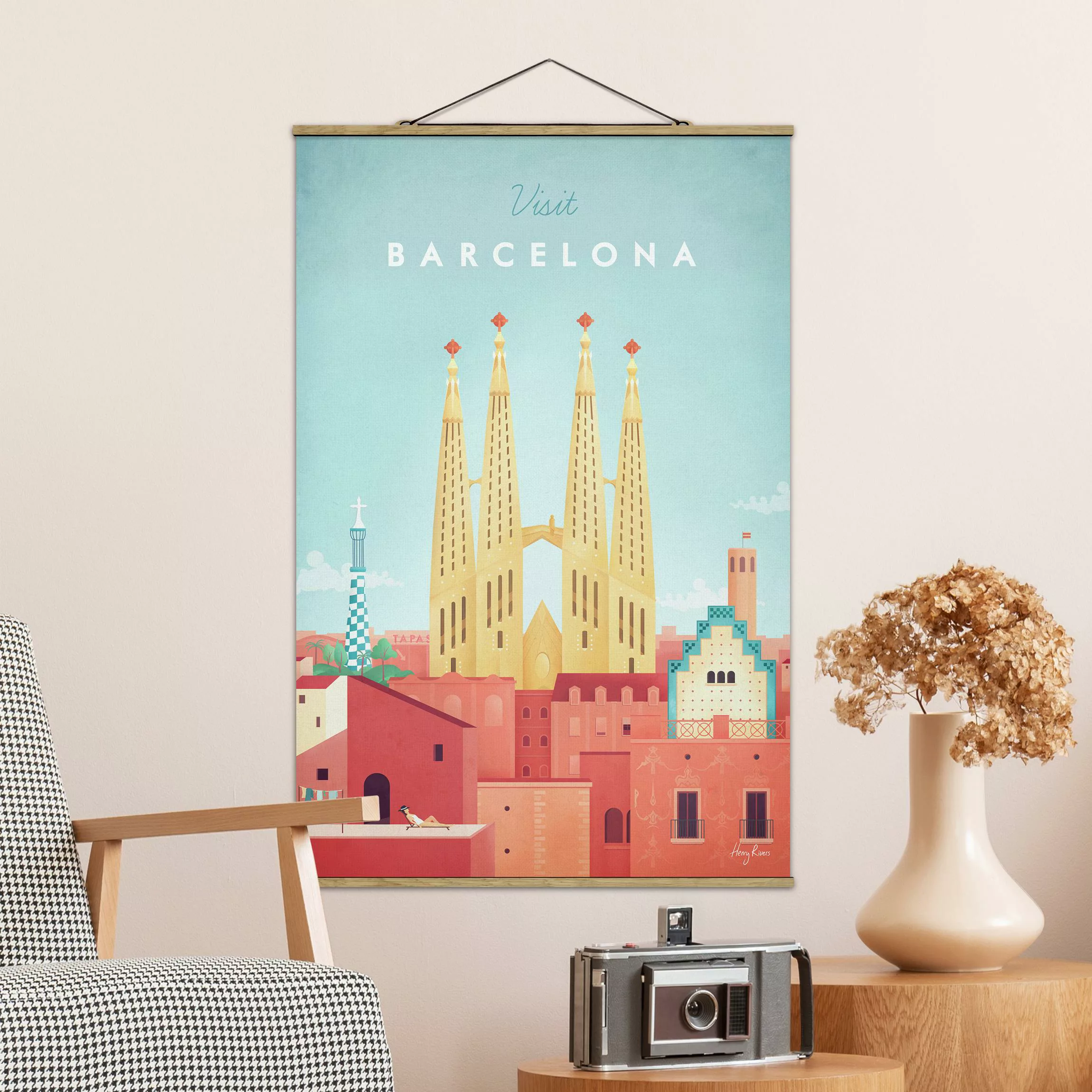 Stoffbild Architektur mit Posterleisten - Hochformat Reiseposter - Barcelon günstig online kaufen