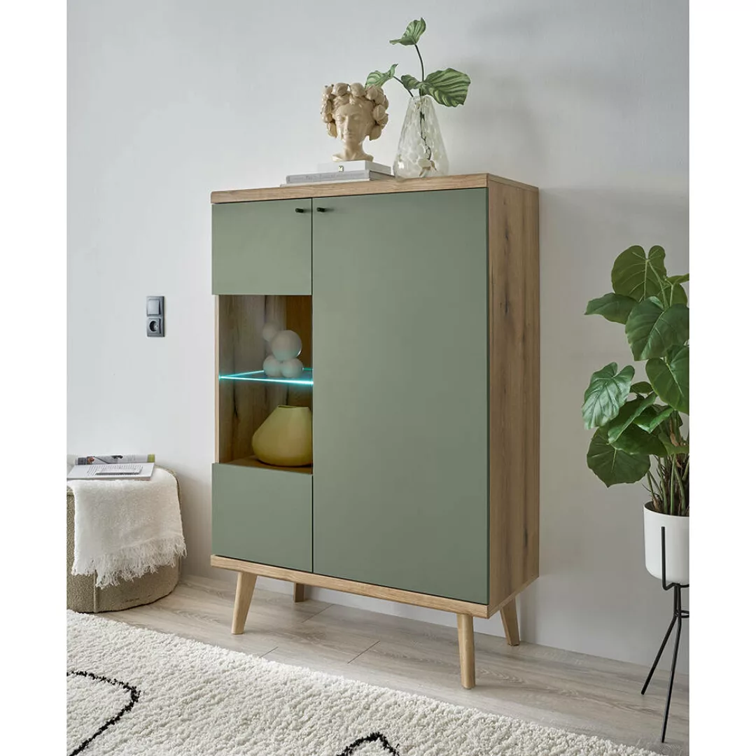 Wohnzimmer Vitrine in Eiche mit grün AVEZZANO-61 Modern günstig online kaufen