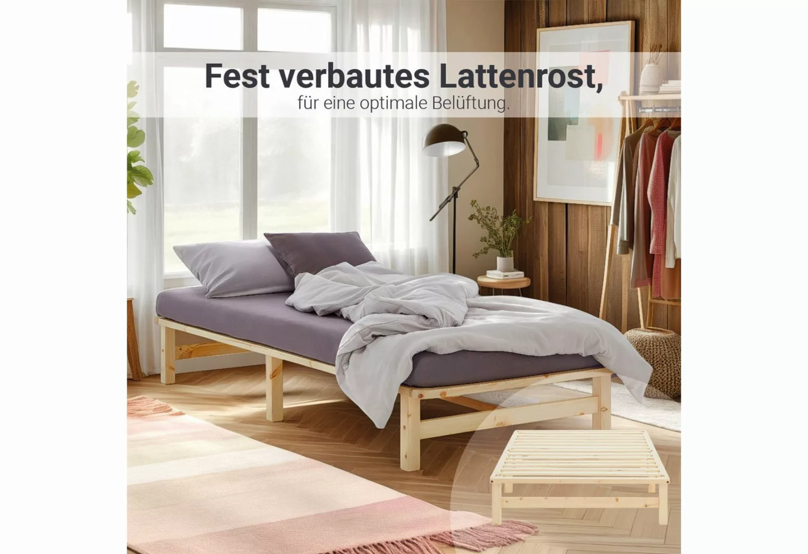 Homestyle4u Holzbett 90/100/140x200 Palettenbett Massivholzbett Futonbett N günstig online kaufen