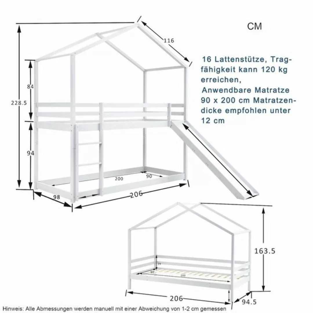 Fangqi Kinderbett 90 x 200 cm niedriges Etagenbett mit Rutsche und senkrech günstig online kaufen