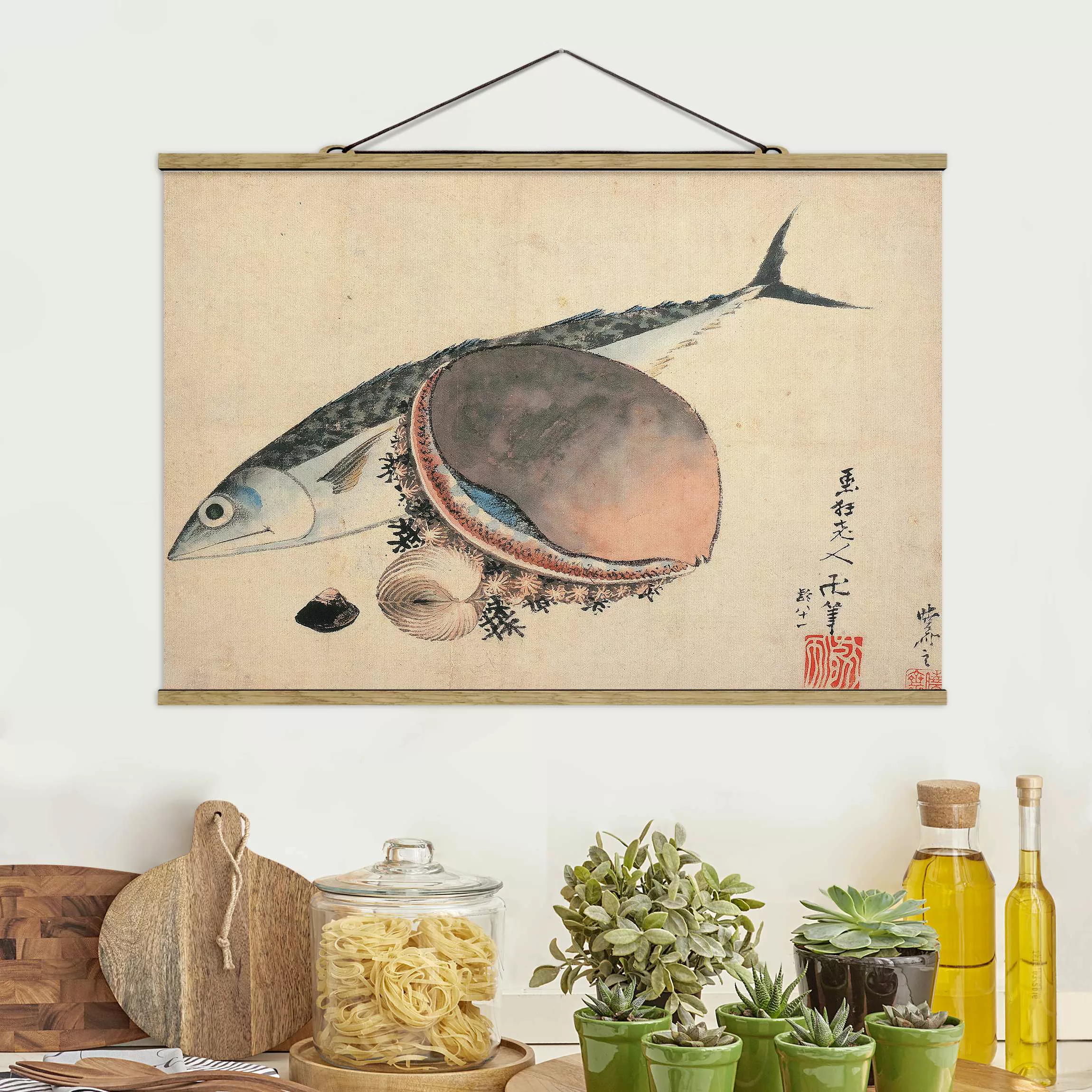 Stoffbild Tiere mit Posterleisten - Querformat Katsushika Hokusai - Makrele günstig online kaufen