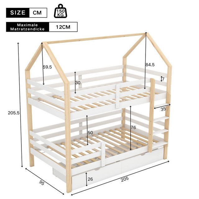 Flieks Etagenbett, Hochbett Kiefer Kinderbett mit 2 großen Schubladen 90*20 günstig online kaufen